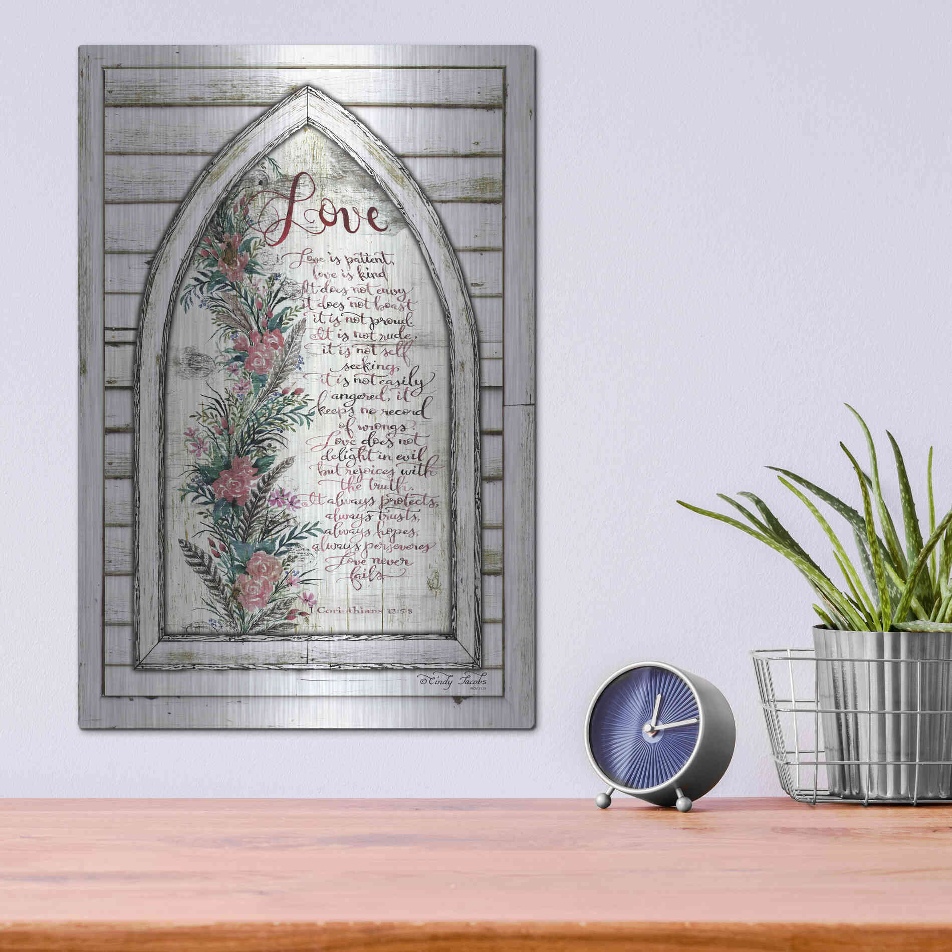 Luxe Metal Art 'Love is Patient Arch with Flowers' by Cindy Jacobs, Metal Wall Art,12x16