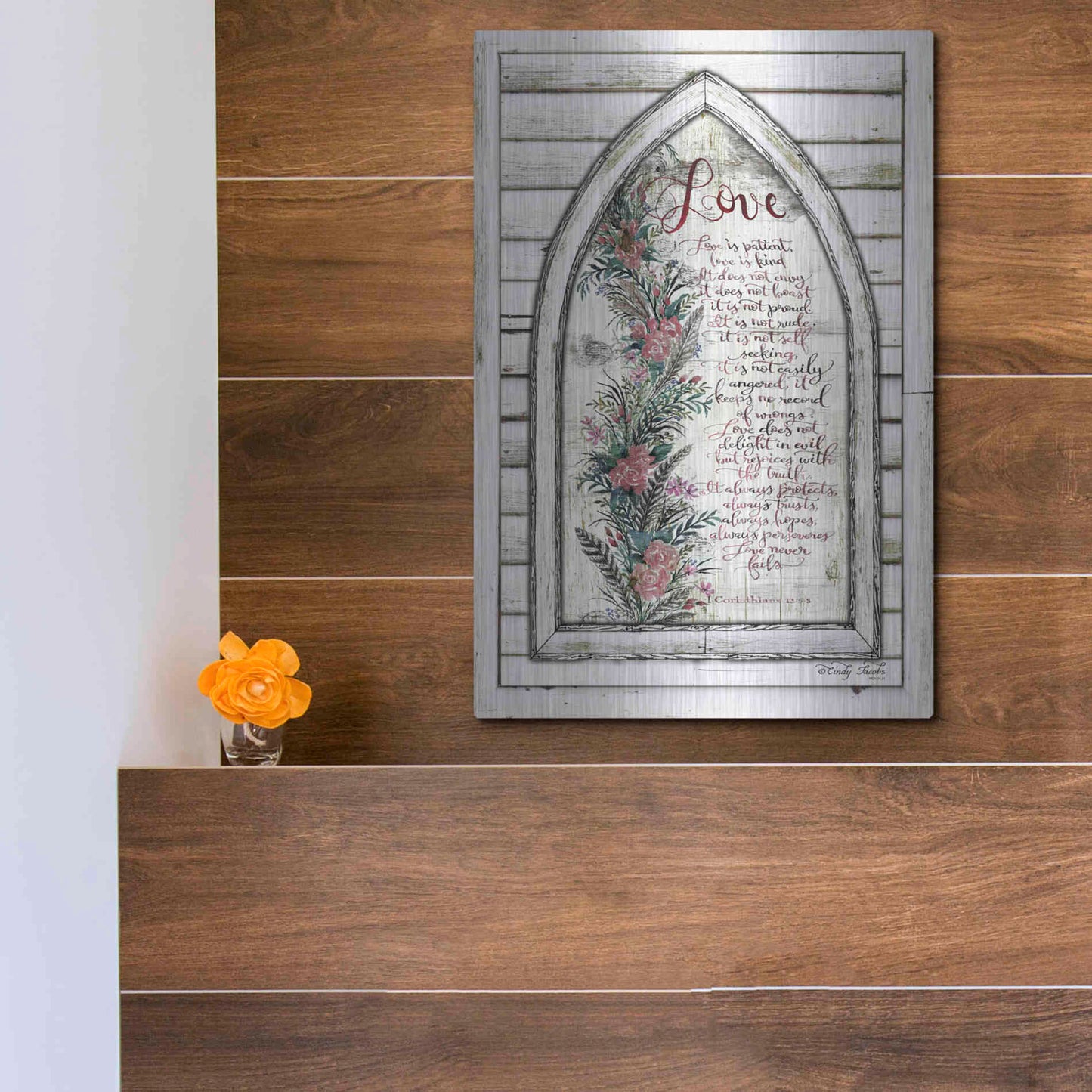Luxe Metal Art 'Love is Patient Arch with Flowers' by Cindy Jacobs, Metal Wall Art,12x16