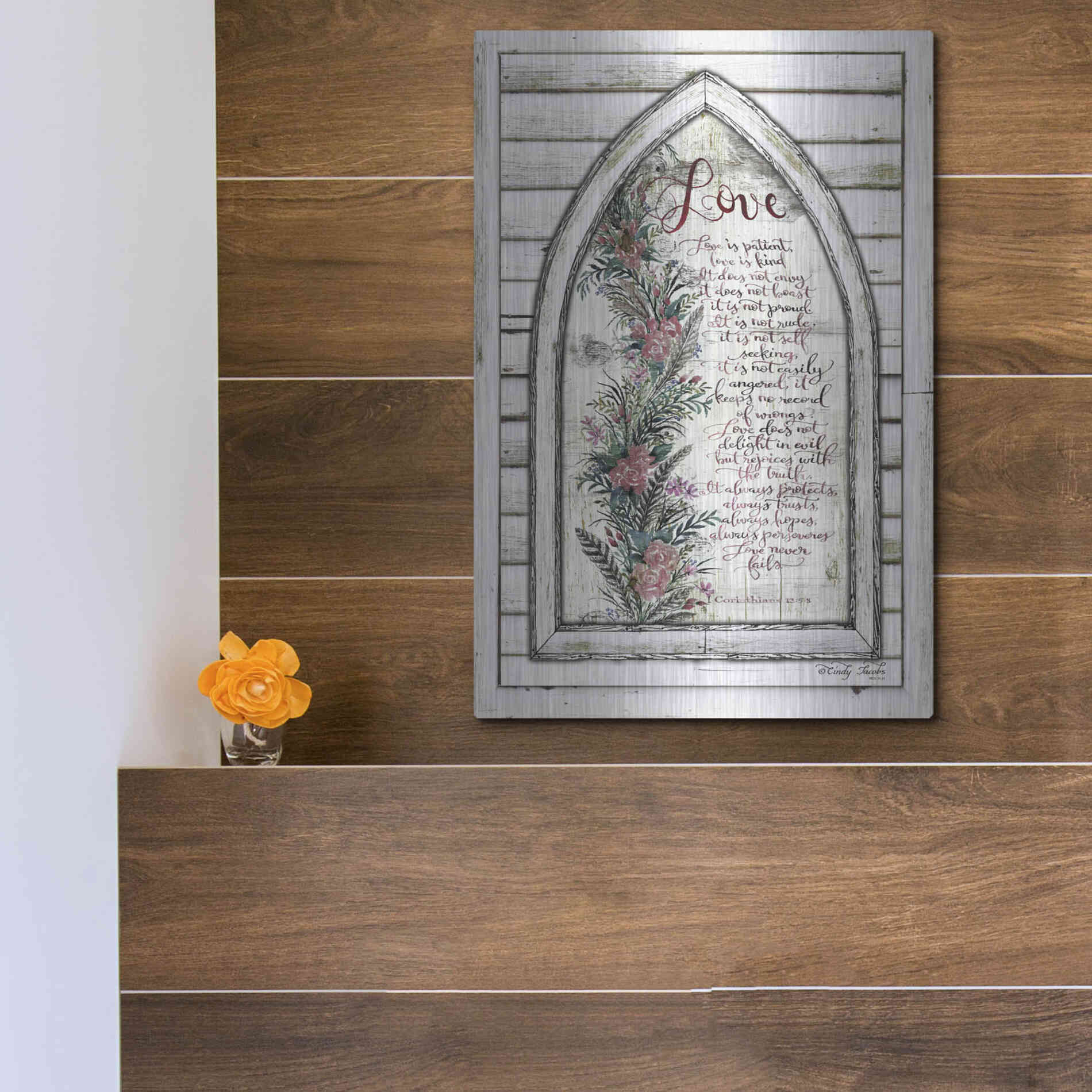 Luxe Metal Art 'Love is Patient Arch with Flowers' by Cindy Jacobs, Metal Wall Art,12x16