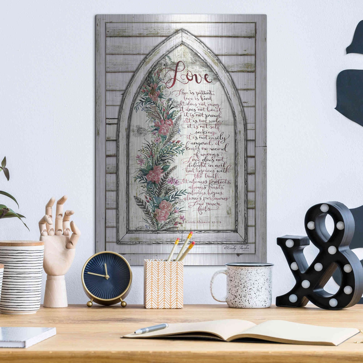 Luxe Metal Art 'Love is Patient Arch with Flowers' by Cindy Jacobs, Metal Wall Art,12x16