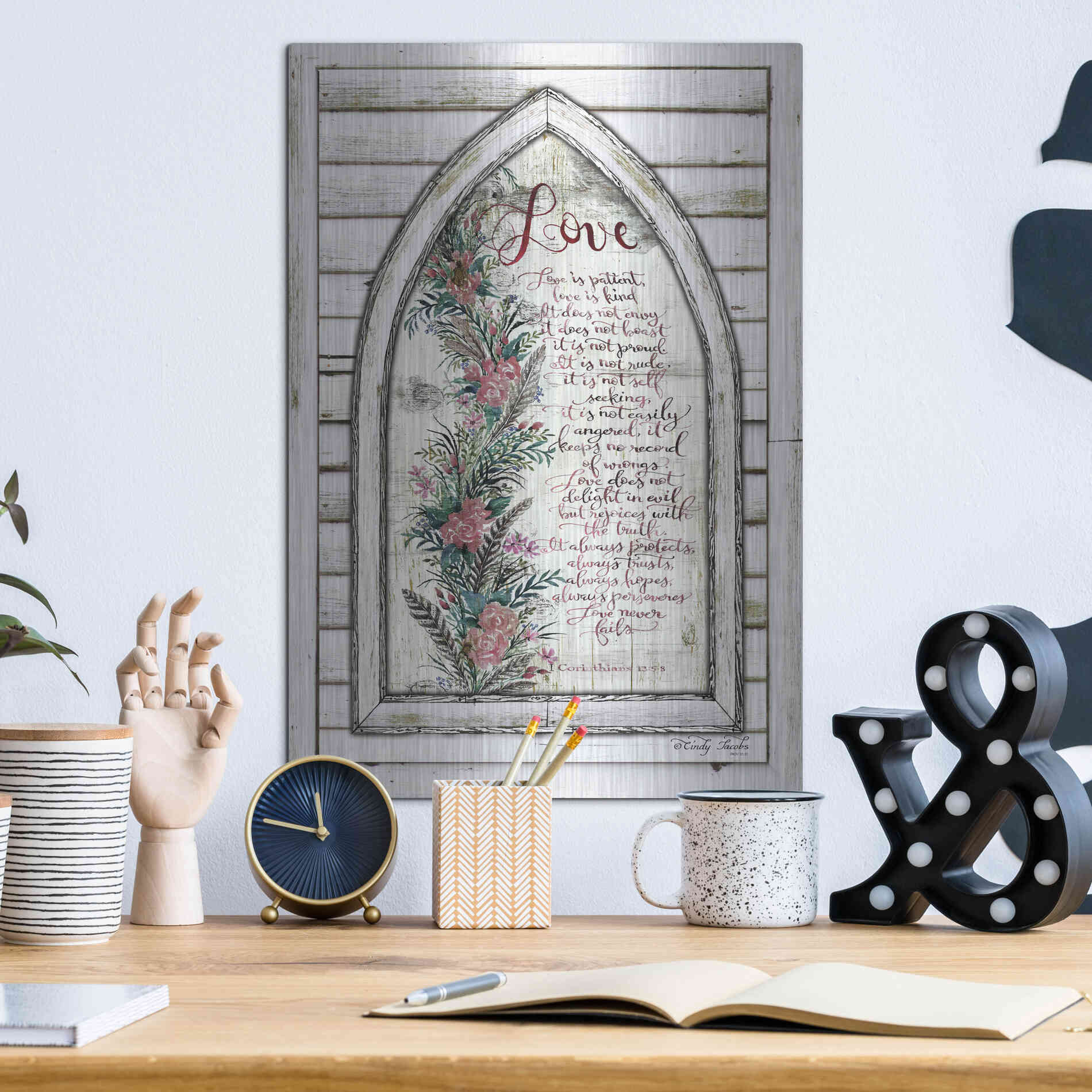 Luxe Metal Art 'Love is Patient Arch with Flowers' by Cindy Jacobs, Metal Wall Art,12x16
