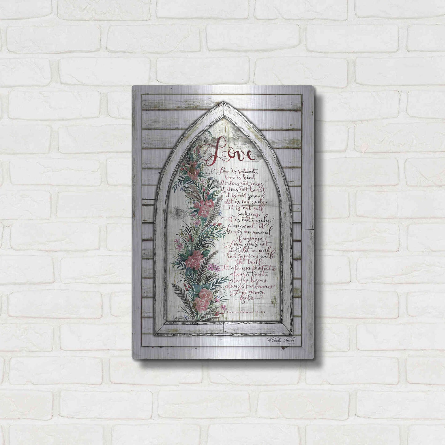 Luxe Metal Art 'Love is Patient Arch with Flowers' by Cindy Jacobs, Metal Wall Art,16x24