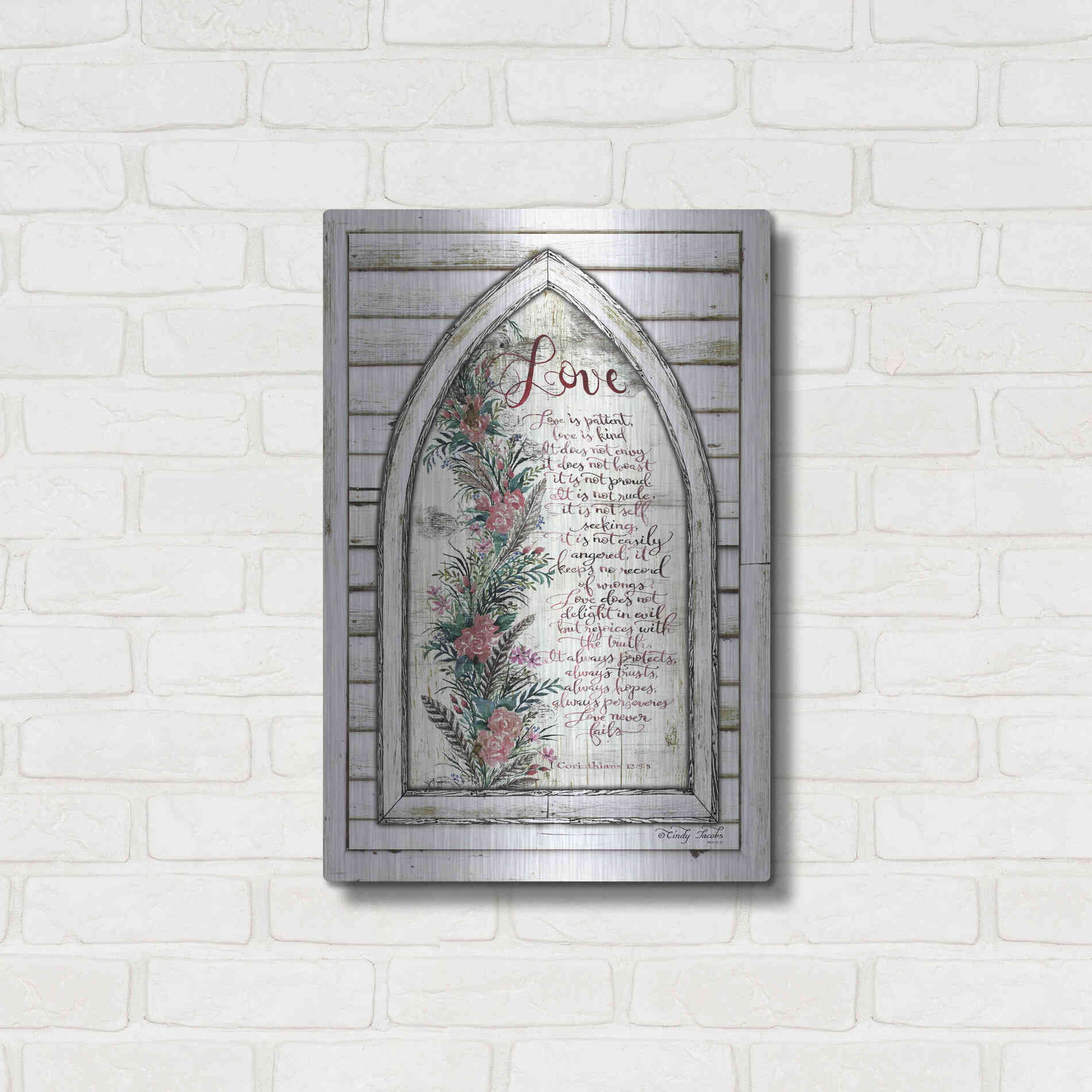 Luxe Metal Art 'Love is Patient Arch with Flowers' by Cindy Jacobs, Metal Wall Art,16x24