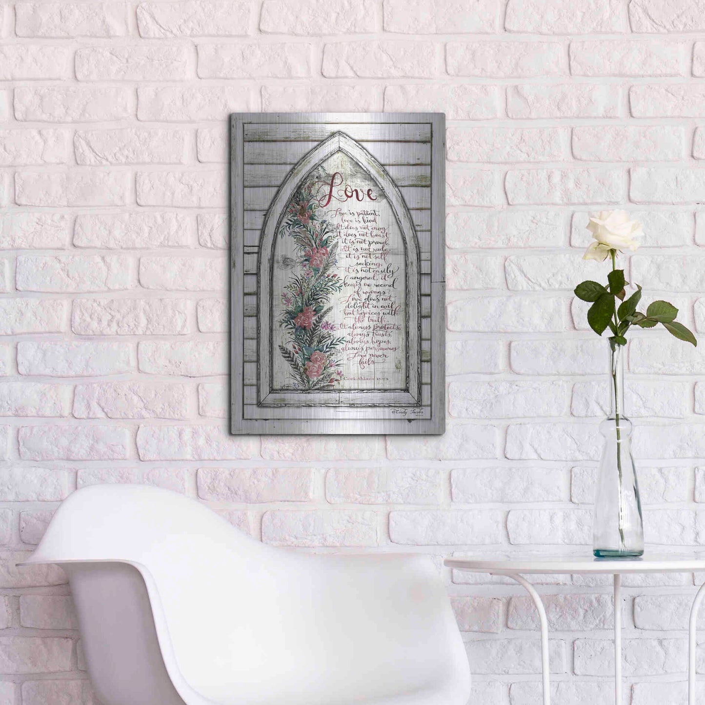 Luxe Metal Art 'Love is Patient Arch with Flowers' by Cindy Jacobs, Metal Wall Art,16x24