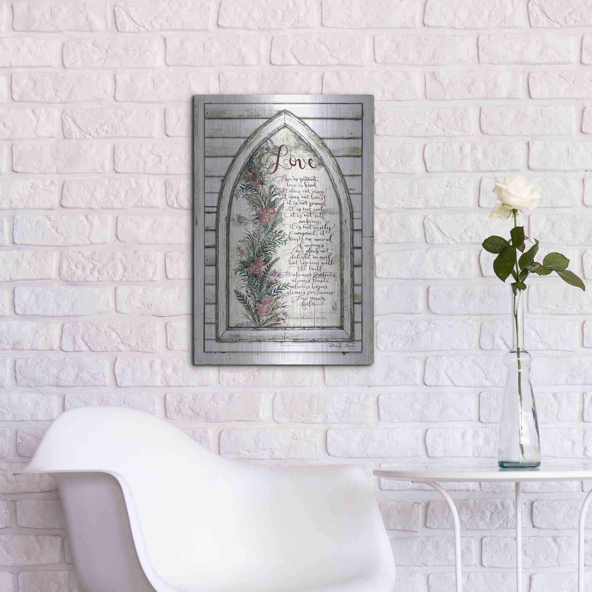 Luxe Metal Art 'Love is Patient Arch with Flowers' by Cindy Jacobs, Metal Wall Art,16x24