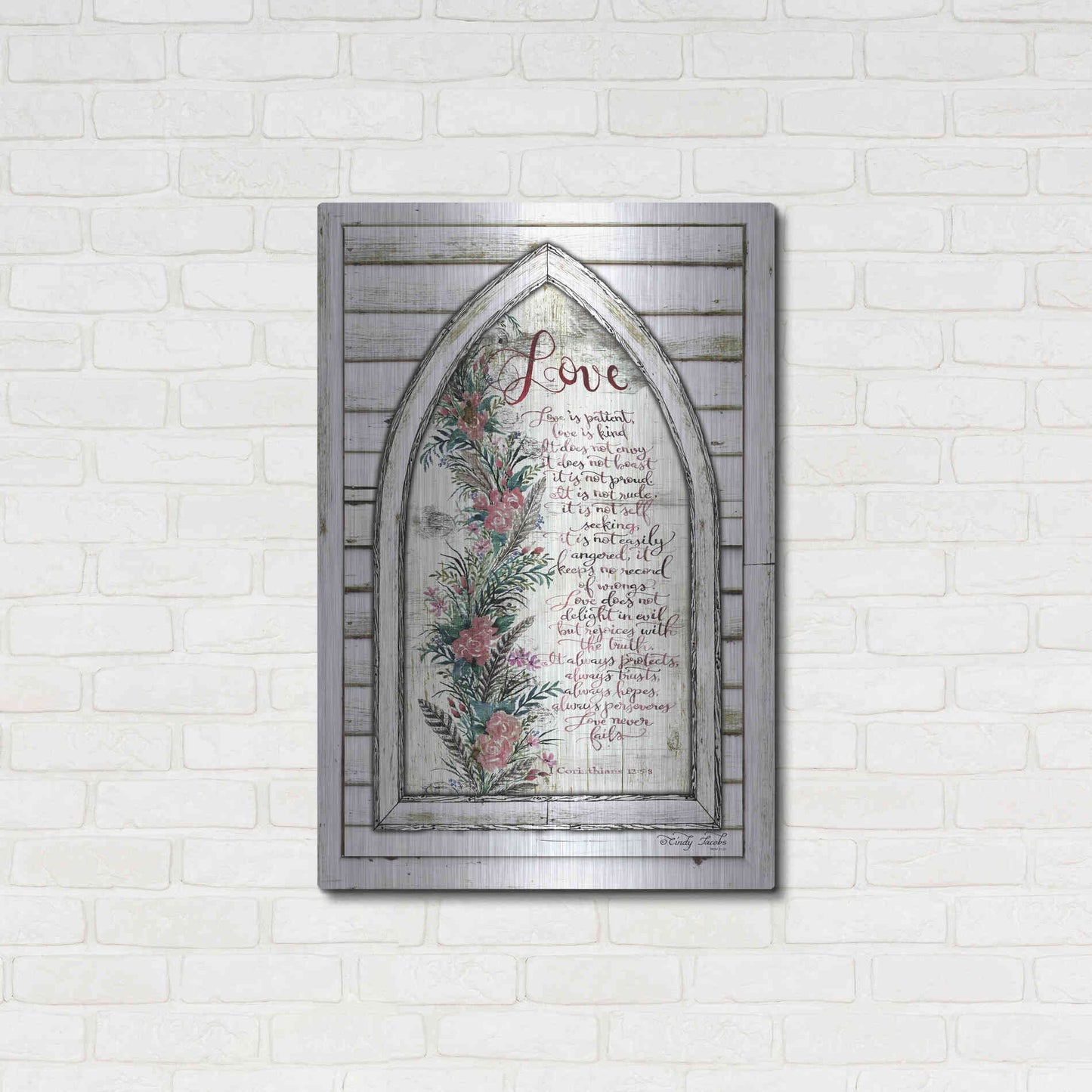 Luxe Metal Art 'Love is Patient Arch with Flowers' by Cindy Jacobs, Metal Wall Art,24x36