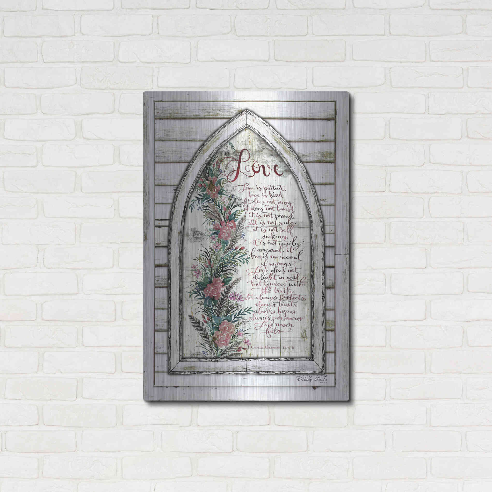 Luxe Metal Art 'Love is Patient Arch with Flowers' by Cindy Jacobs, Metal Wall Art,24x36