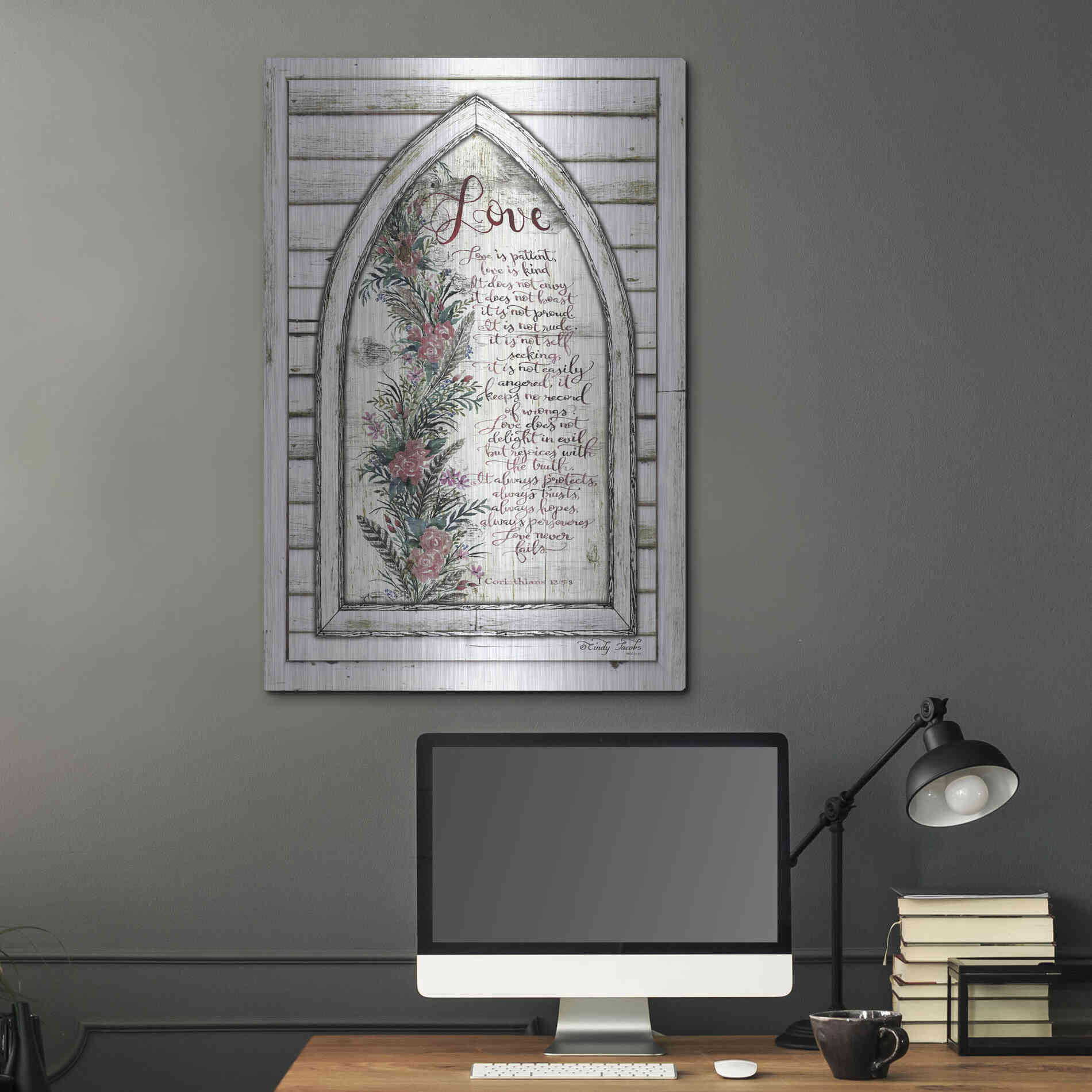 Luxe Metal Art 'Love is Patient Arch with Flowers' by Cindy Jacobs, Metal Wall Art,24x36