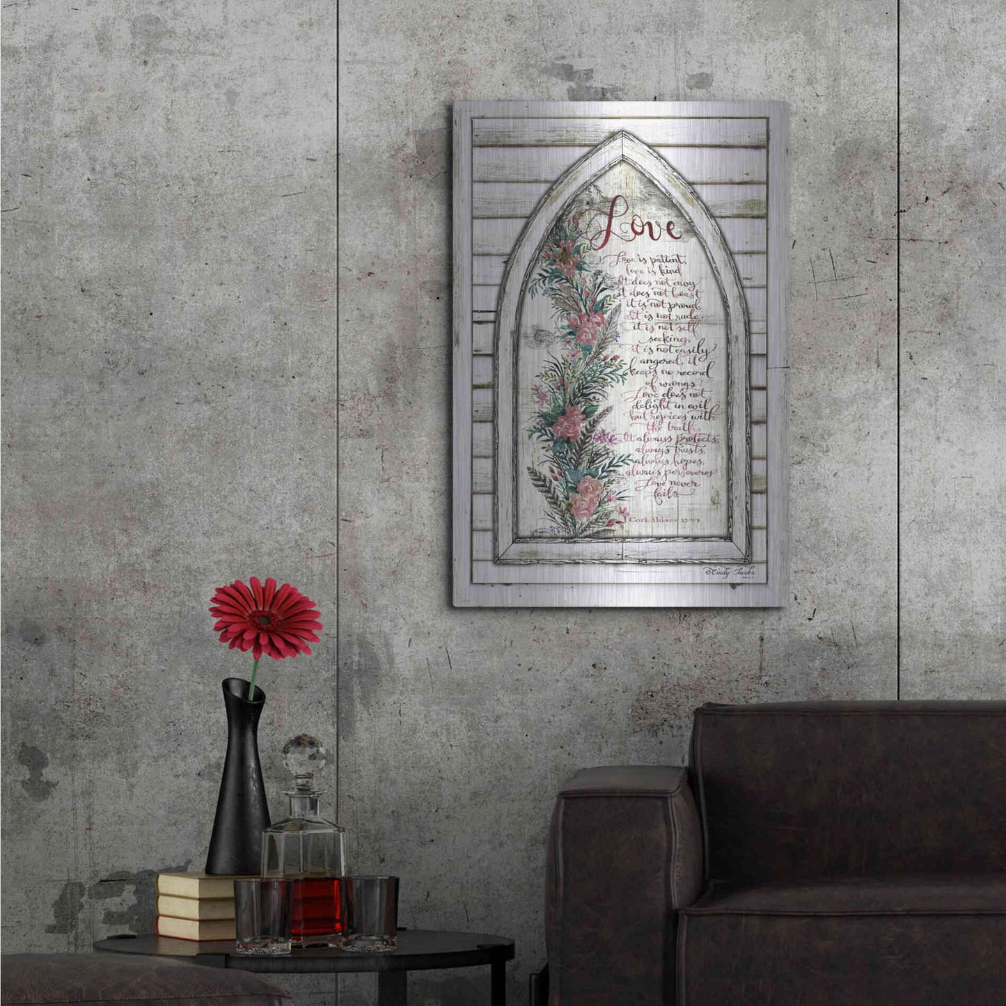 Luxe Metal Art 'Love is Patient Arch with Flowers' by Cindy Jacobs, Metal Wall Art,24x36