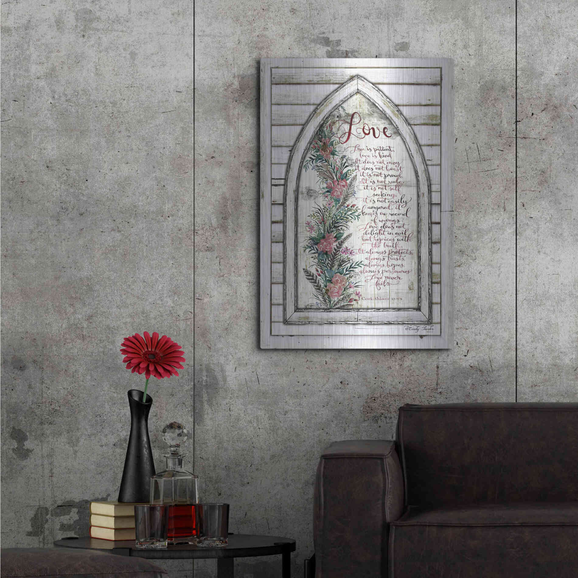 Luxe Metal Art 'Love is Patient Arch with Flowers' by Cindy Jacobs, Metal Wall Art,24x36