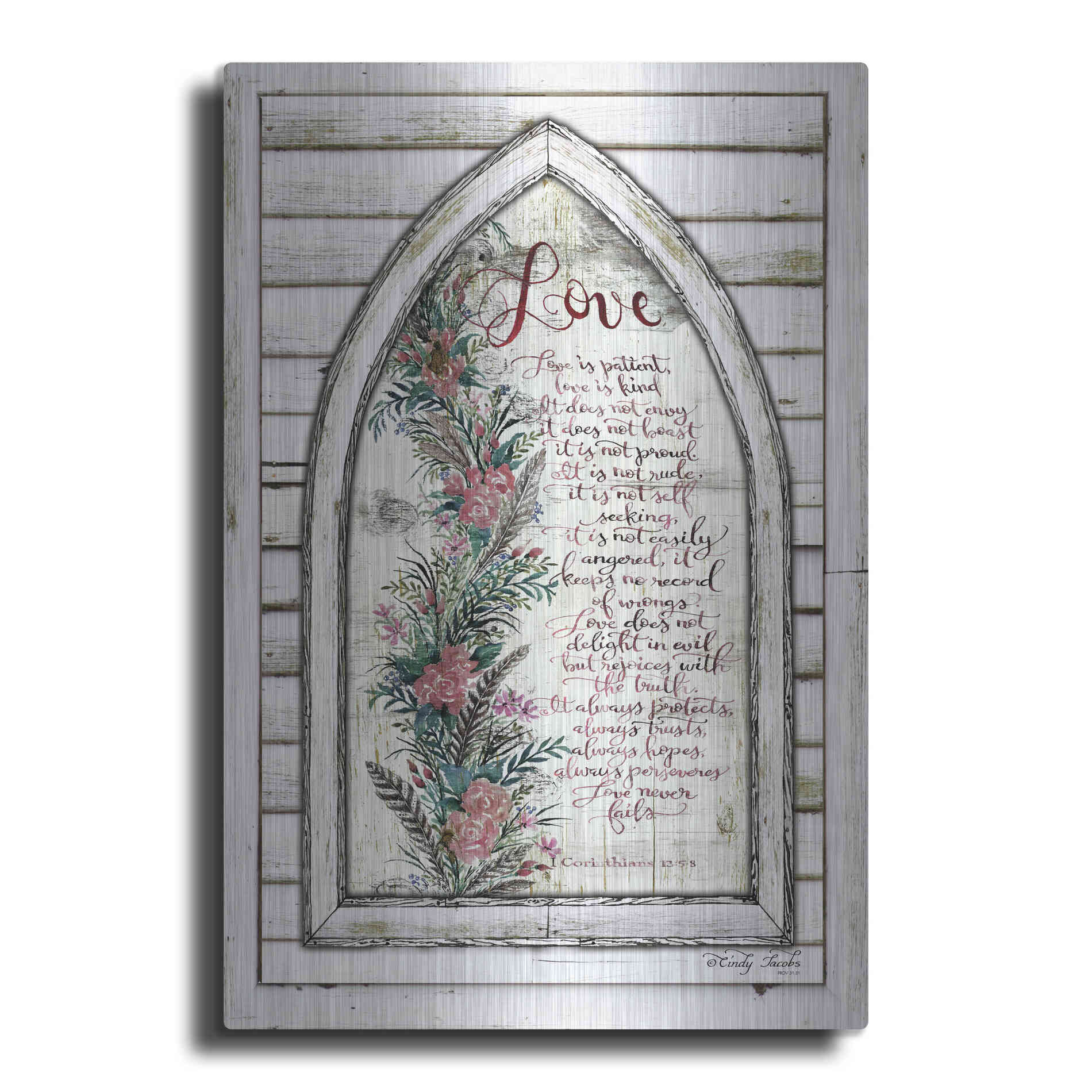 Luxe Metal Art 'Love is Patient Arch with Flowers' by Cindy Jacobs, Metal Wall Art