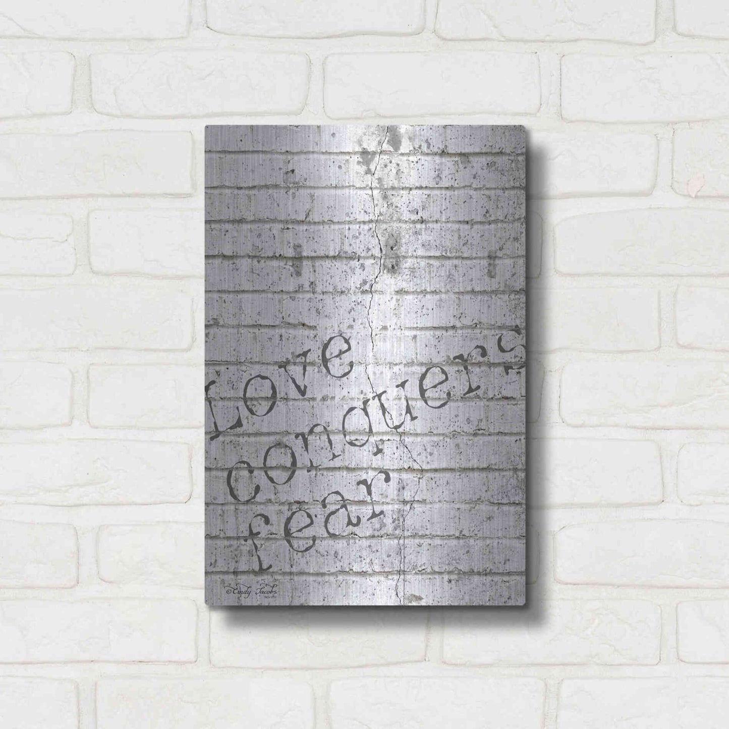 Luxe Metal Art 'Love Conquers Fear' by Cindy Jacobs, Metal Wall Art,12x16