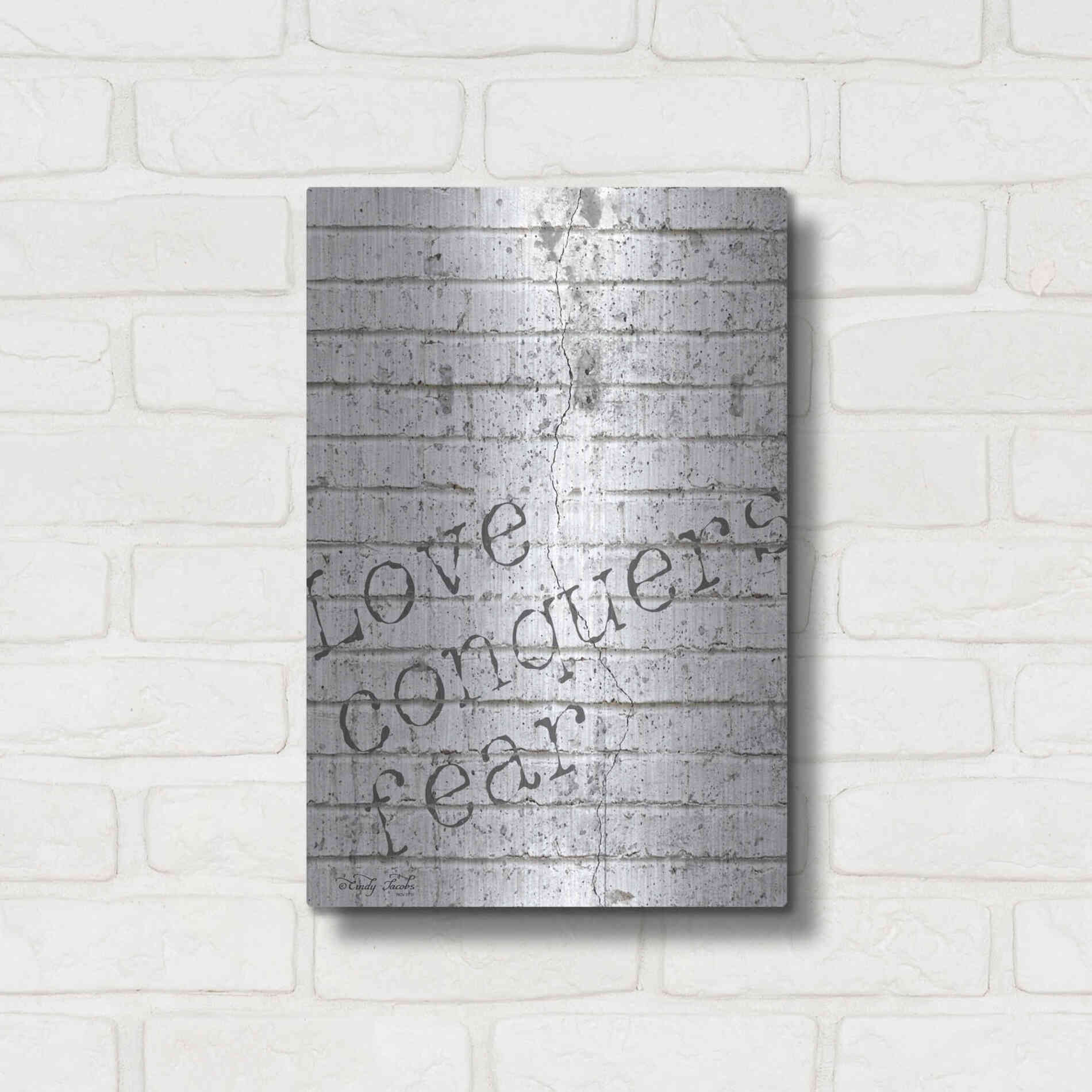 Luxe Metal Art 'Love Conquers Fear' by Cindy Jacobs, Metal Wall Art,12x16
