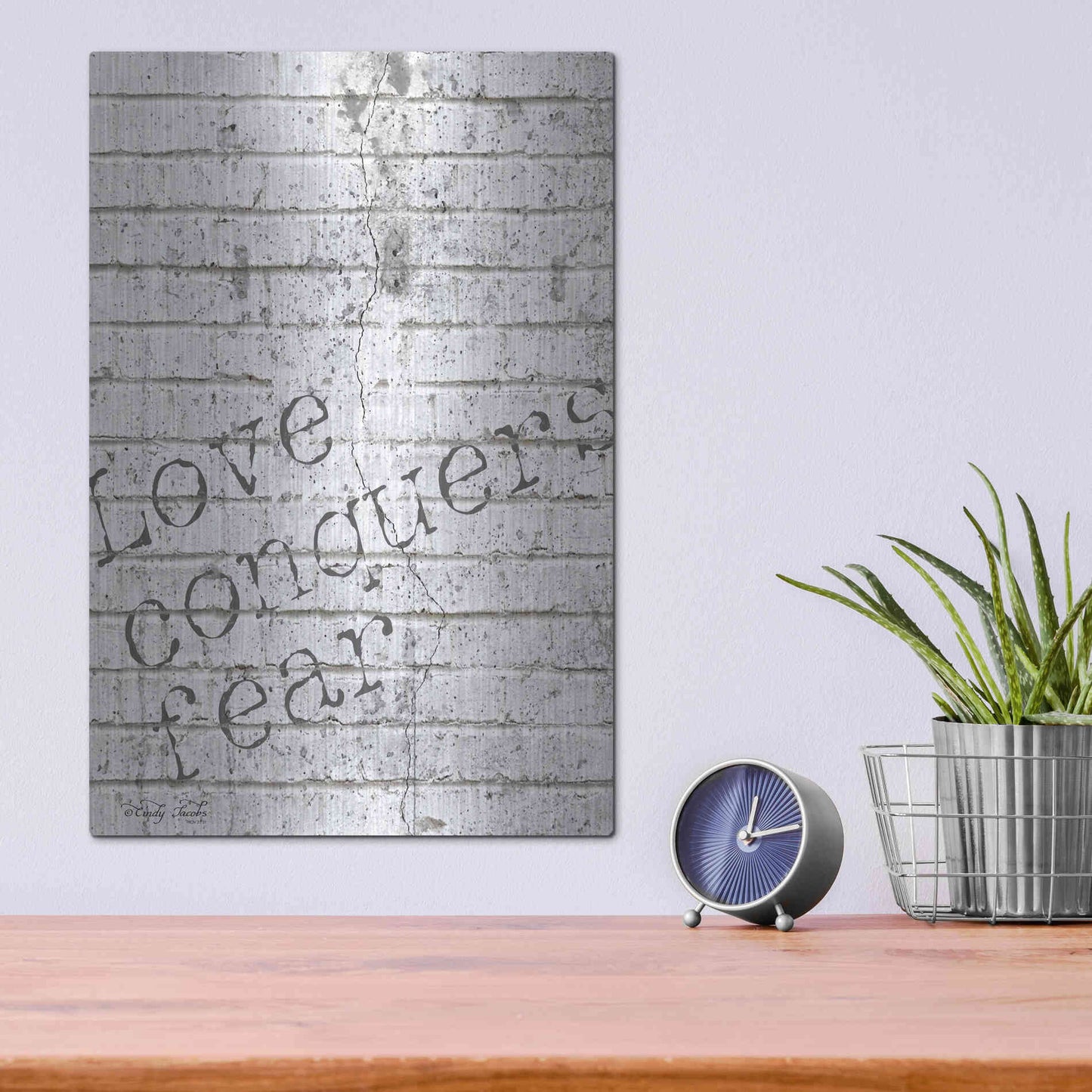 Luxe Metal Art 'Love Conquers Fear' by Cindy Jacobs, Metal Wall Art,12x16