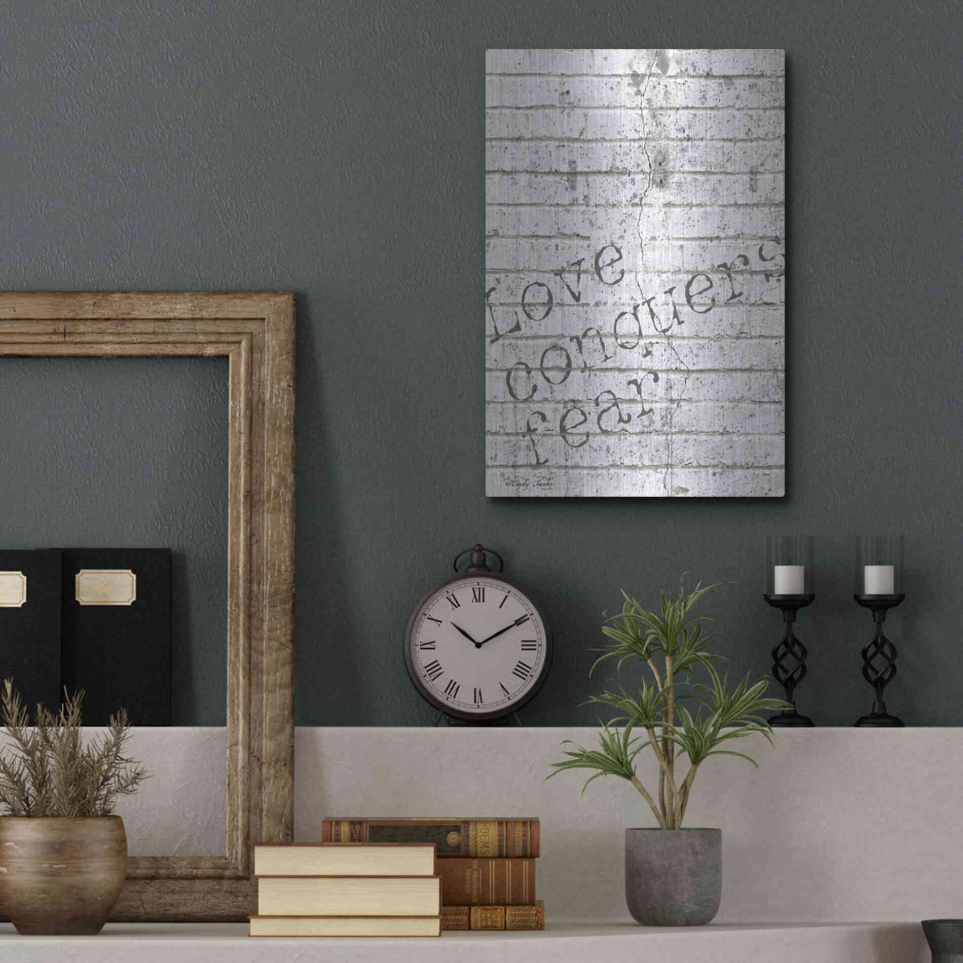 Luxe Metal Art 'Love Conquers Fear' by Cindy Jacobs, Metal Wall Art,12x16
