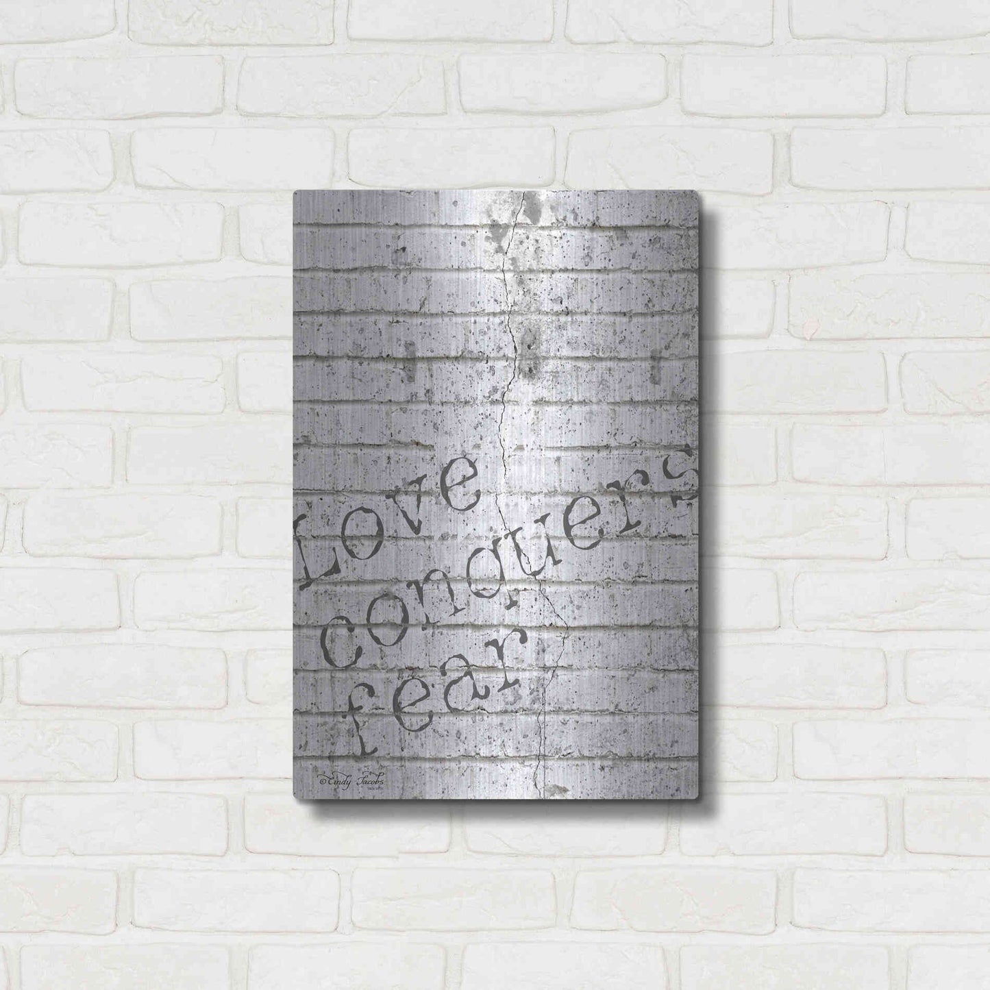 Luxe Metal Art 'Love Conquers Fear' by Cindy Jacobs, Metal Wall Art,16x24