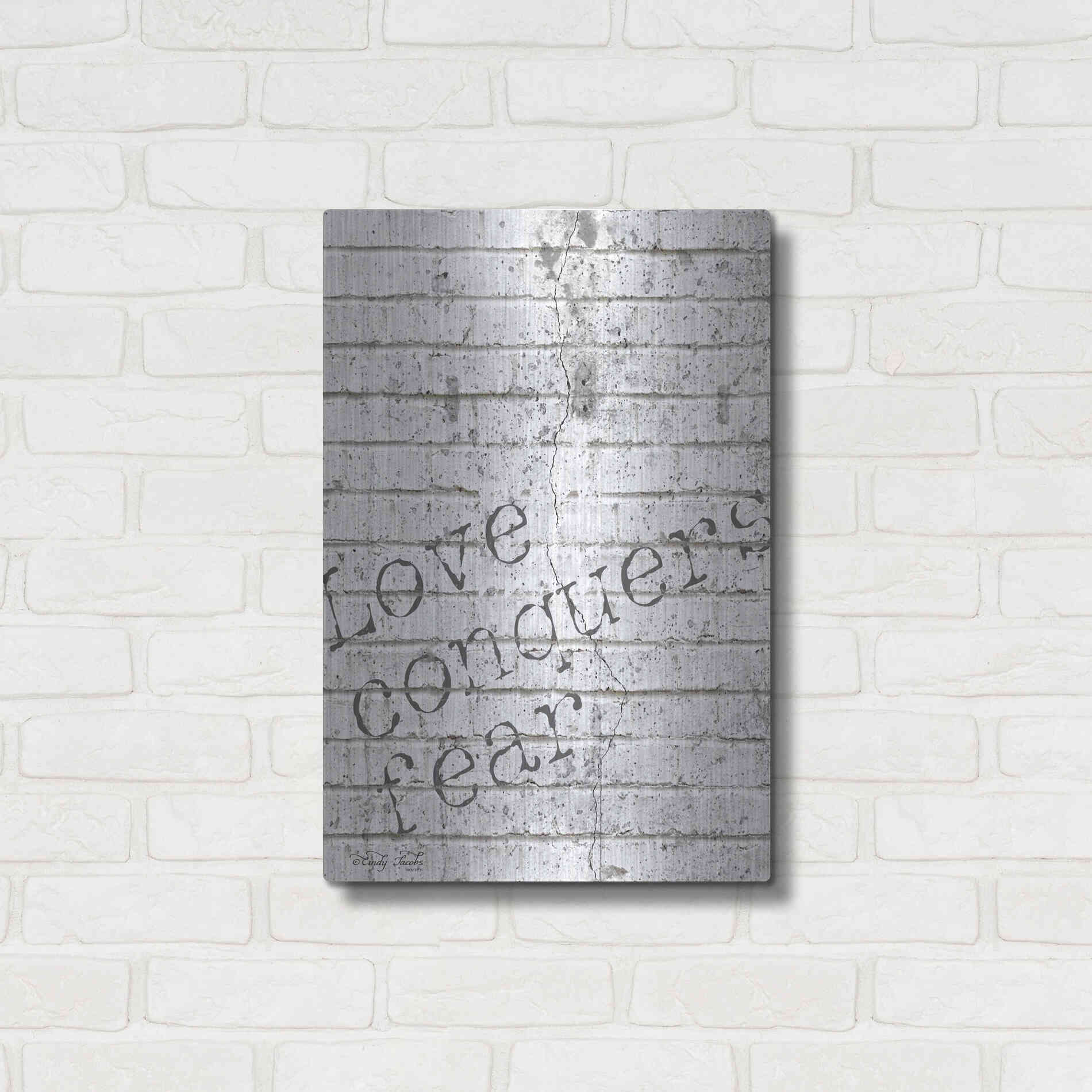 Luxe Metal Art 'Love Conquers Fear' by Cindy Jacobs, Metal Wall Art,16x24
