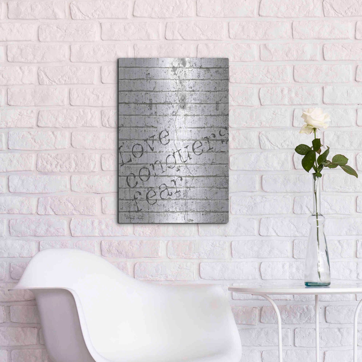 Luxe Metal Art 'Love Conquers Fear' by Cindy Jacobs, Metal Wall Art,16x24