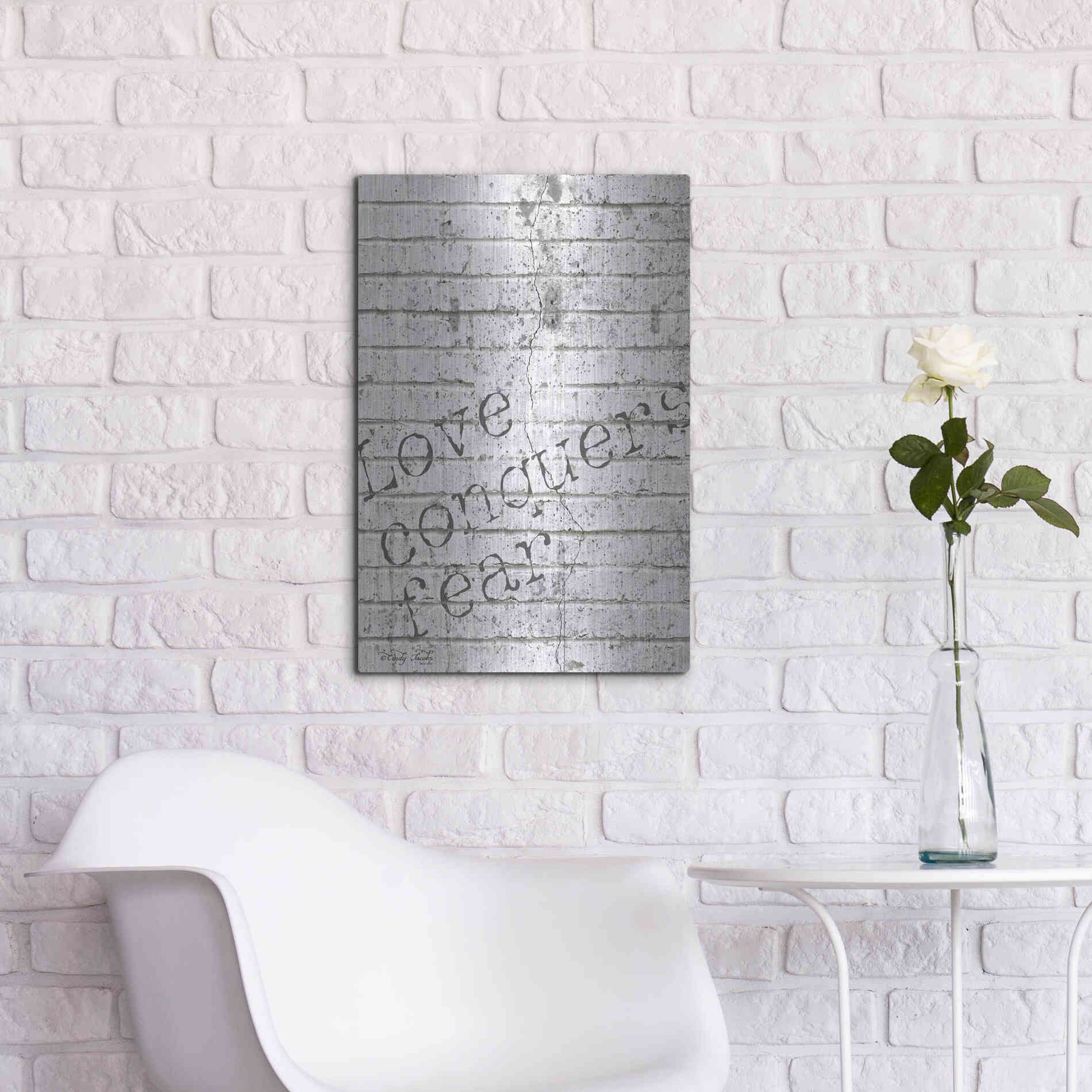 Luxe Metal Art 'Love Conquers Fear' by Cindy Jacobs, Metal Wall Art,16x24