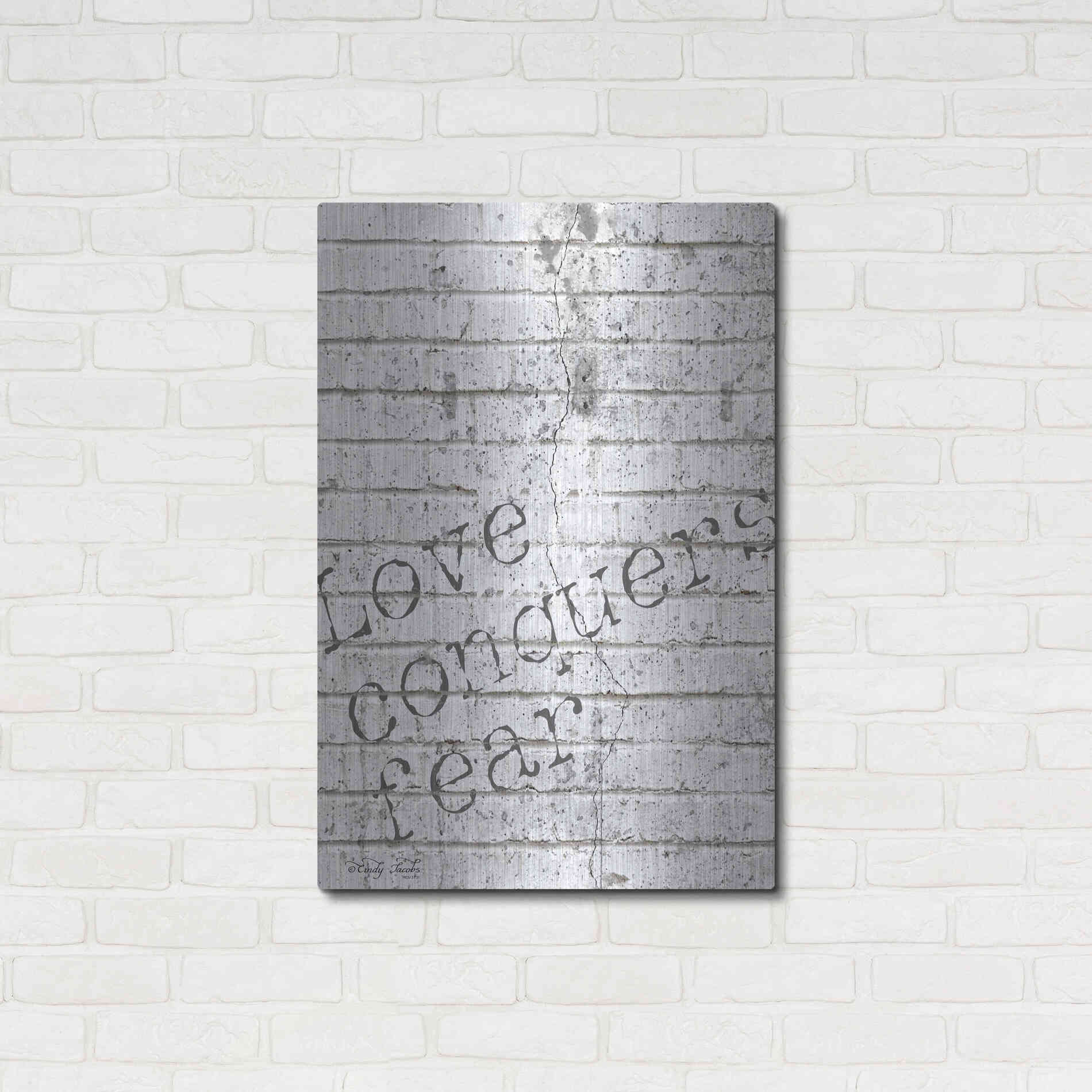 Luxe Metal Art 'Love Conquers Fear' by Cindy Jacobs, Metal Wall Art,24x36