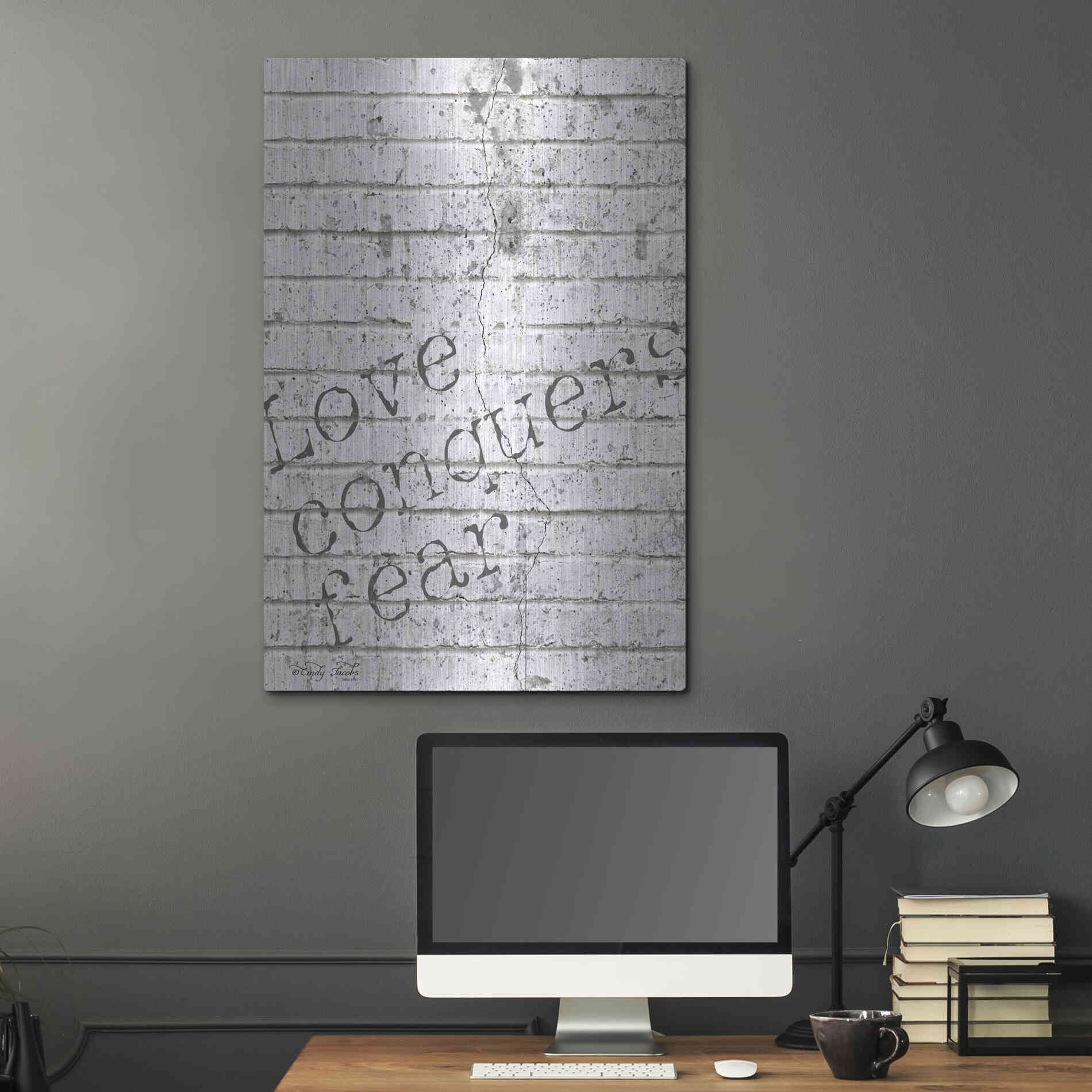 Luxe Metal Art 'Love Conquers Fear' by Cindy Jacobs, Metal Wall Art,24x36