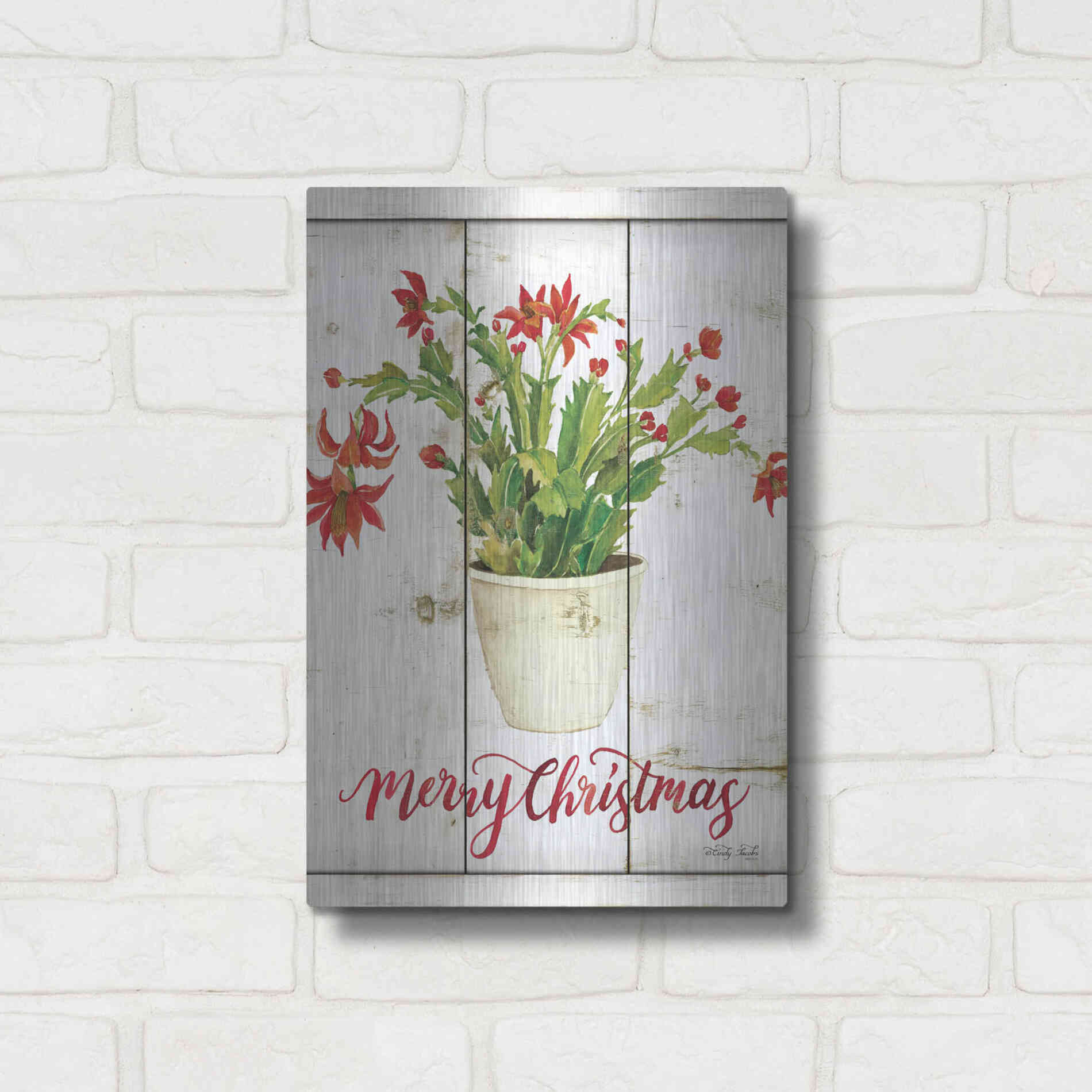 Luxe Metal Art 'Merry Christmas Cactus' by Cindy Jacobs, Metal Wall Art,12x16