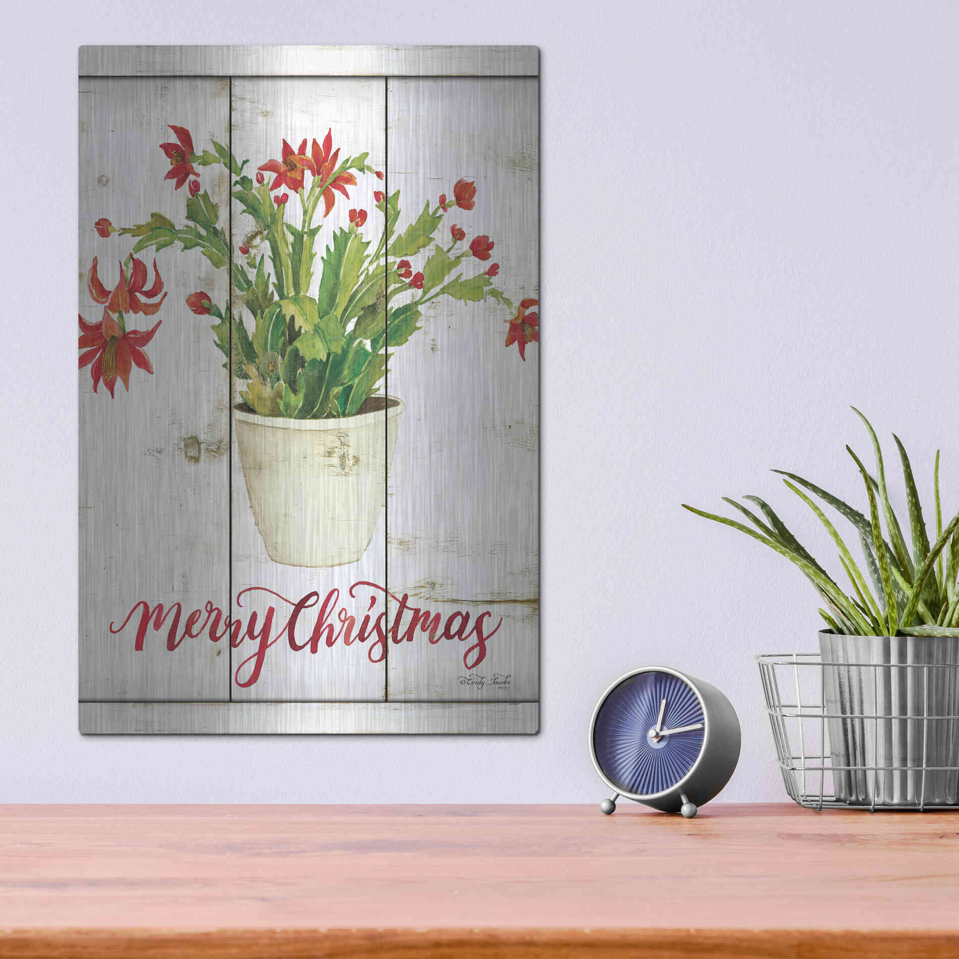 Luxe Metal Art 'Merry Christmas Cactus' by Cindy Jacobs, Metal Wall Art,12x16