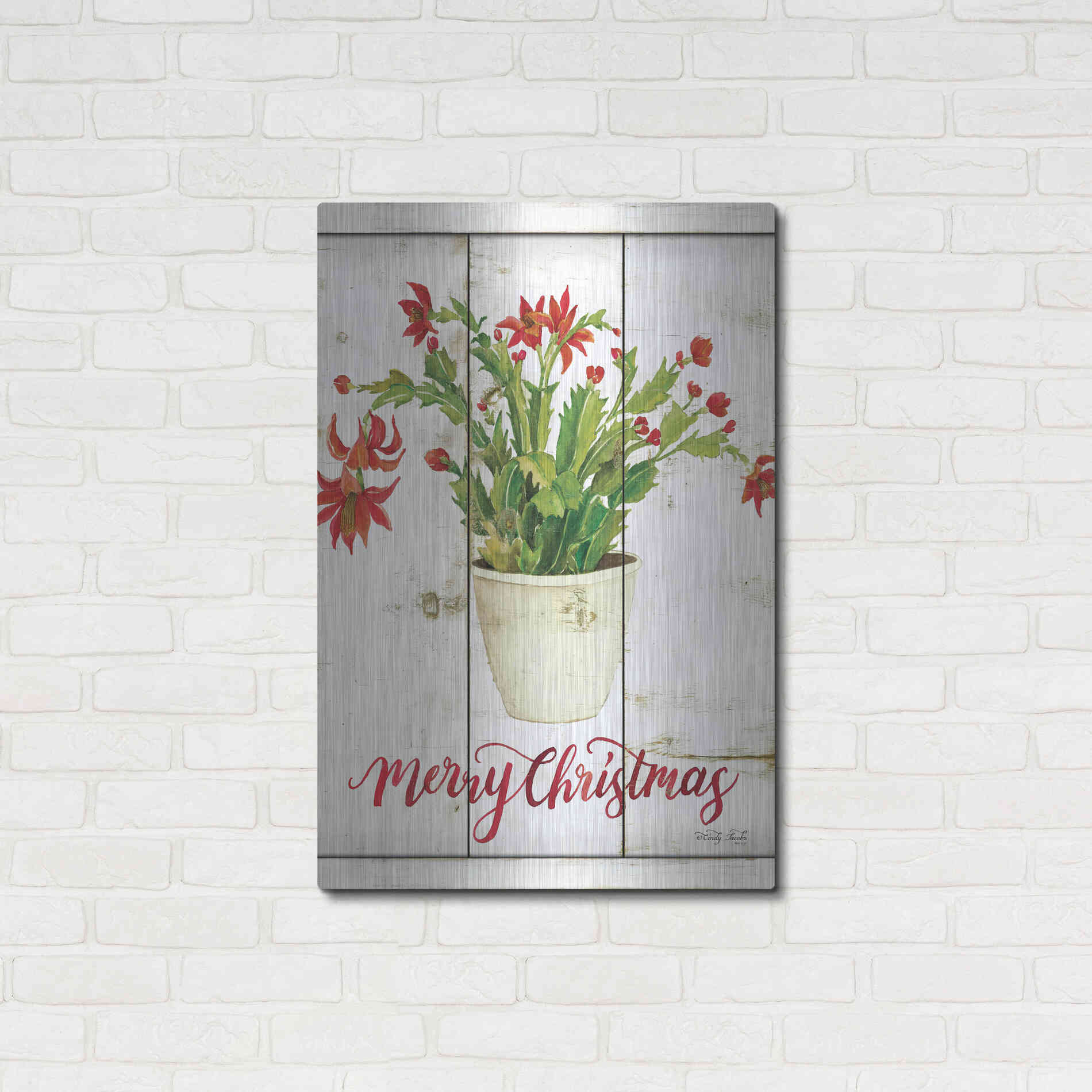 Luxe Metal Art 'Merry Christmas Cactus' by Cindy Jacobs, Metal Wall Art,24x36