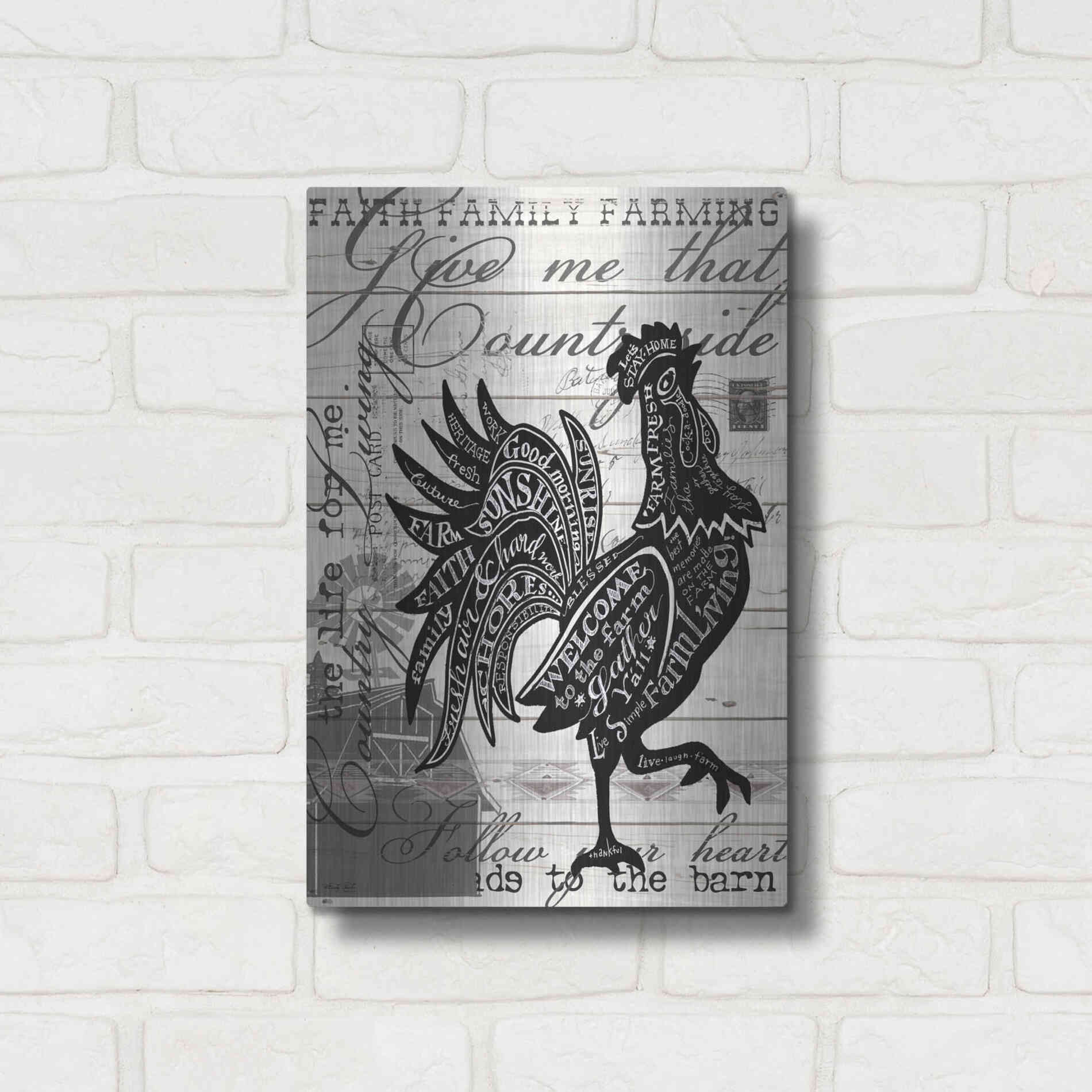 Luxe Metal Art 'Welcome to the Farm Chicken' by Cindy Jacobs, Metal Wall Art,12x16