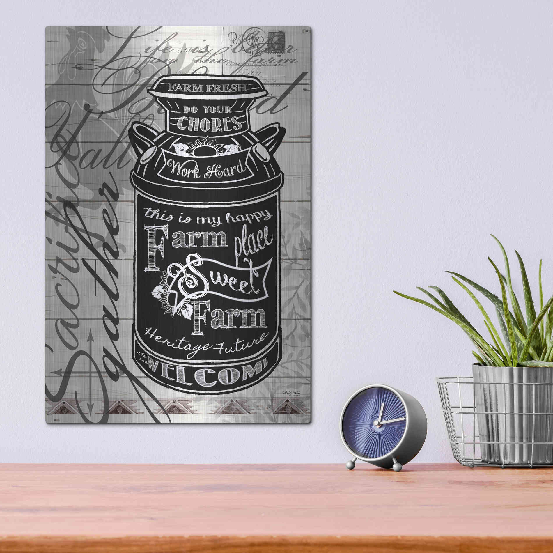 Luxe Metal Art 'Farm Sweet Farm Milk Can' by Cindy Jacobs, Metal Wall Art,12x16