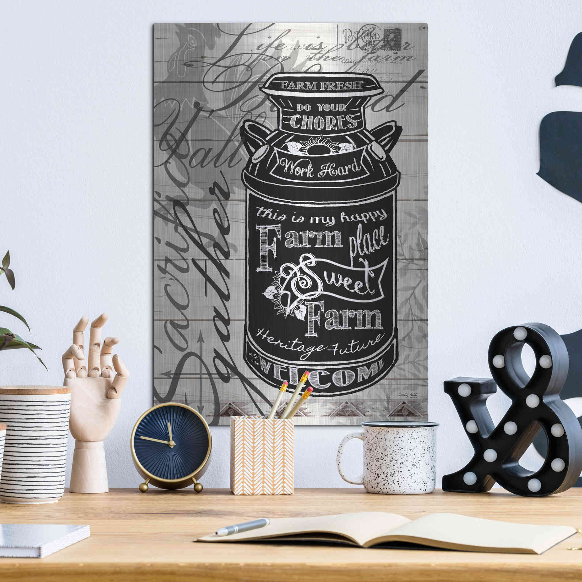 Luxe Metal Art 'Farm Sweet Farm Milk Can' by Cindy Jacobs, Metal Wall Art,12x16