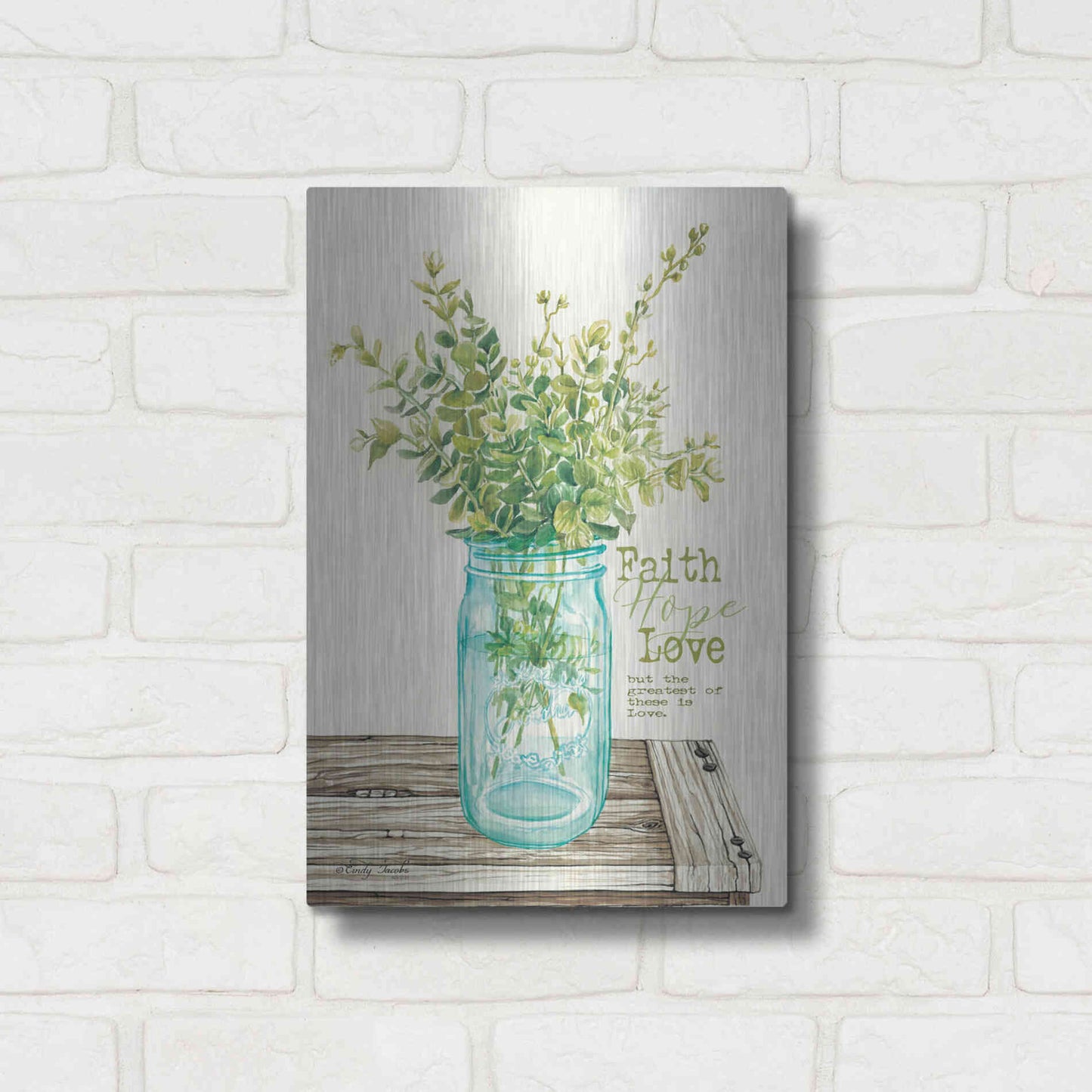 Luxe Metal Art 'Faith, Hope, Love and Eucalyptus' by Cindy Jacobs, Metal Wall Art,12x16