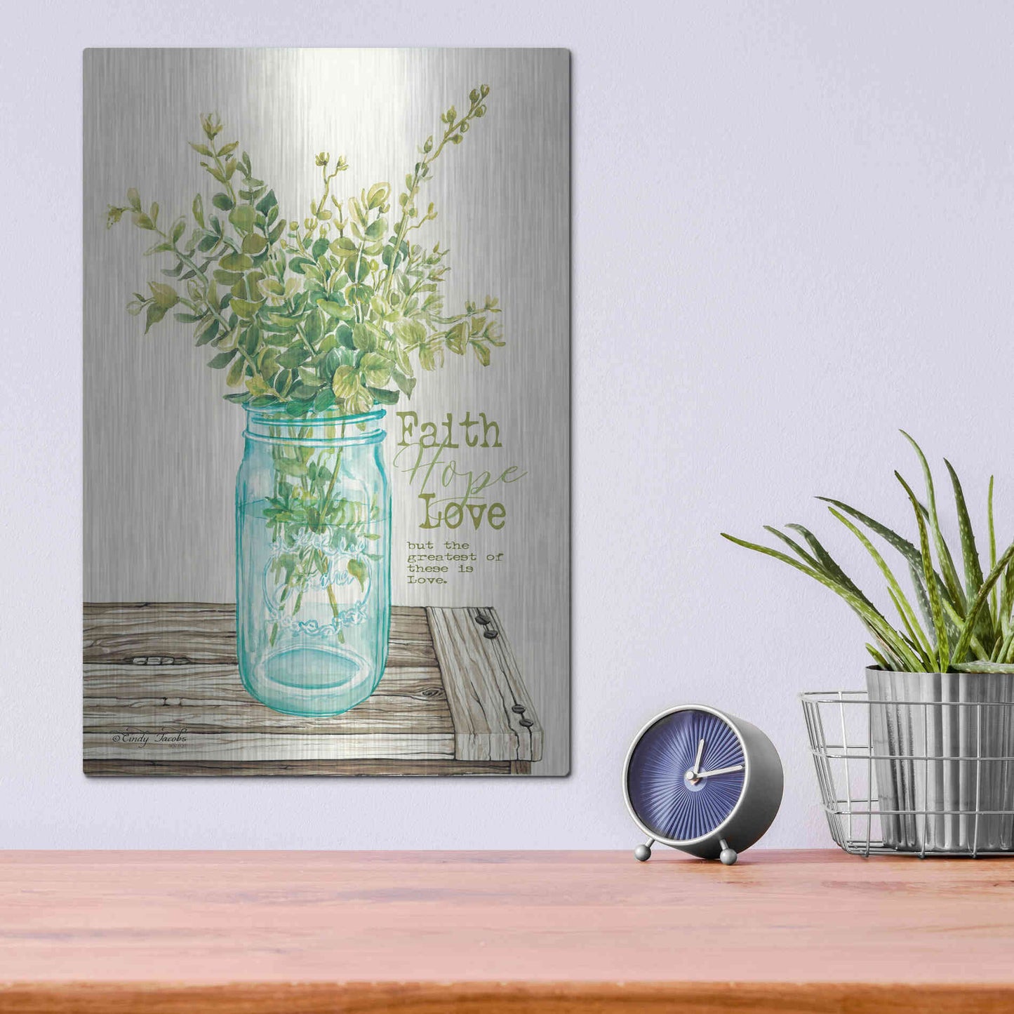 Luxe Metal Art 'Faith, Hope, Love and Eucalyptus' by Cindy Jacobs, Metal Wall Art,12x16