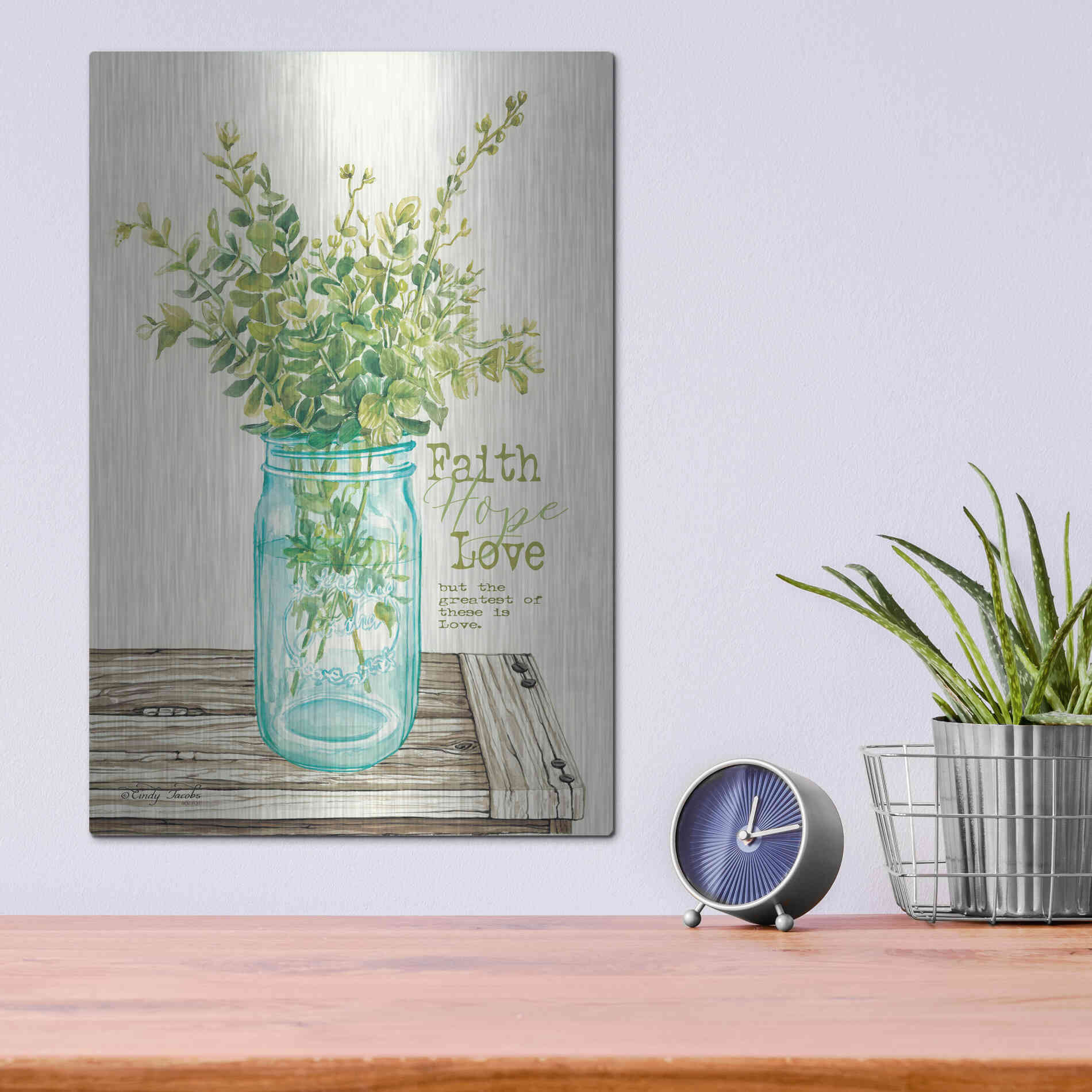 Luxe Metal Art 'Faith, Hope, Love and Eucalyptus' by Cindy Jacobs, Metal Wall Art,12x16