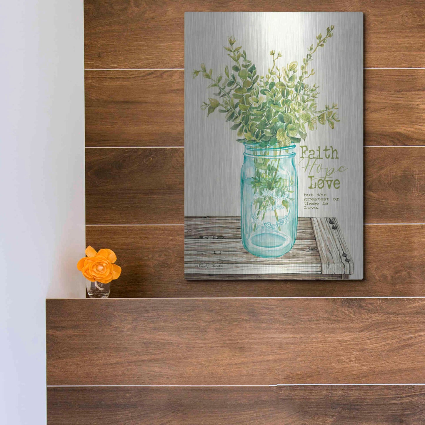 Luxe Metal Art 'Faith, Hope, Love and Eucalyptus' by Cindy Jacobs, Metal Wall Art,12x16