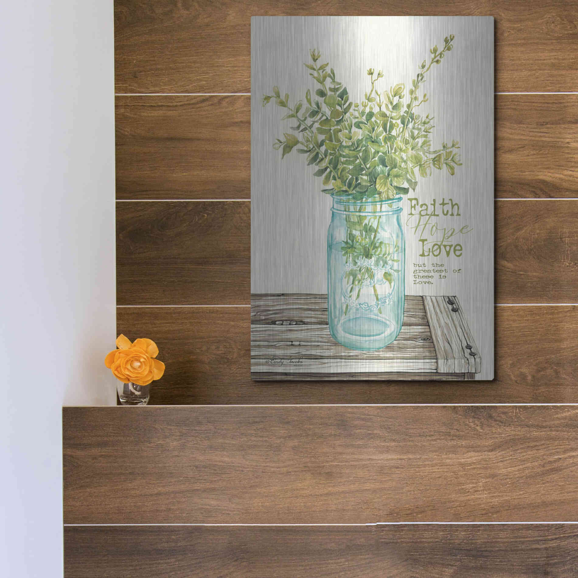 Luxe Metal Art 'Faith, Hope, Love and Eucalyptus' by Cindy Jacobs, Metal Wall Art,12x16