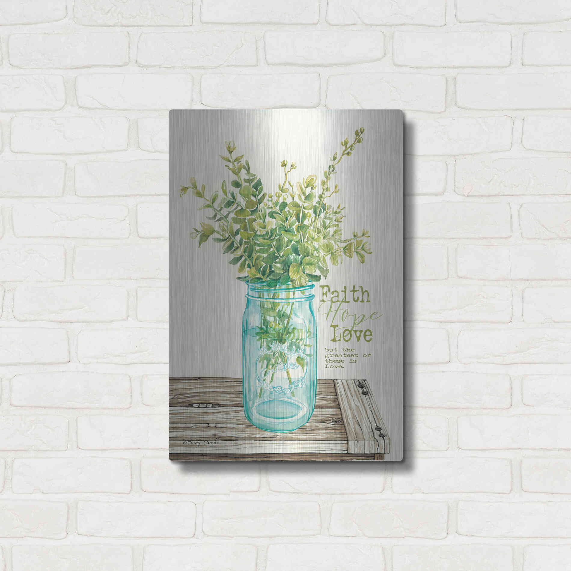 Luxe Metal Art 'Faith, Hope, Love and Eucalyptus' by Cindy Jacobs, Metal Wall Art,16x24