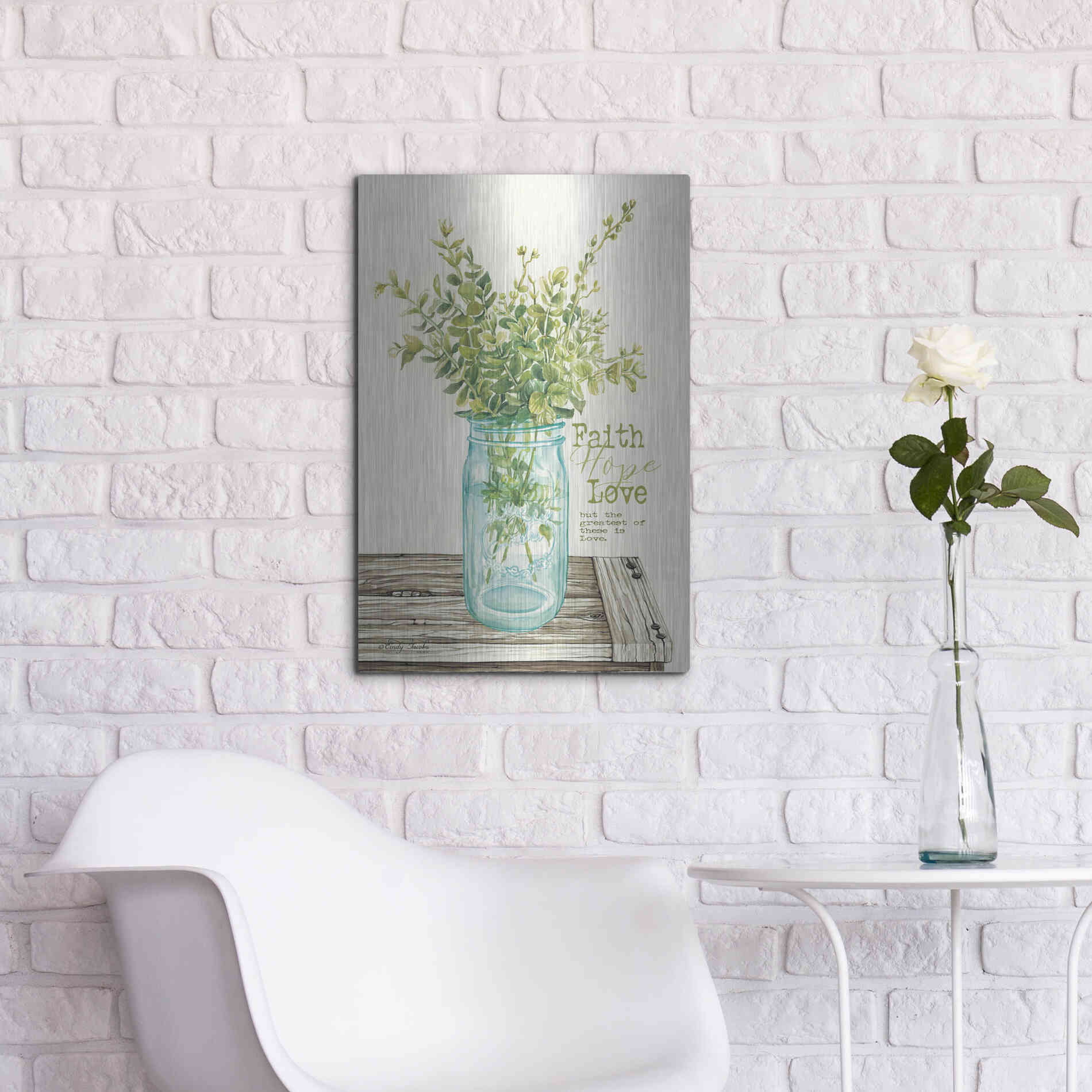 Luxe Metal Art 'Faith, Hope, Love and Eucalyptus' by Cindy Jacobs, Metal Wall Art,16x24