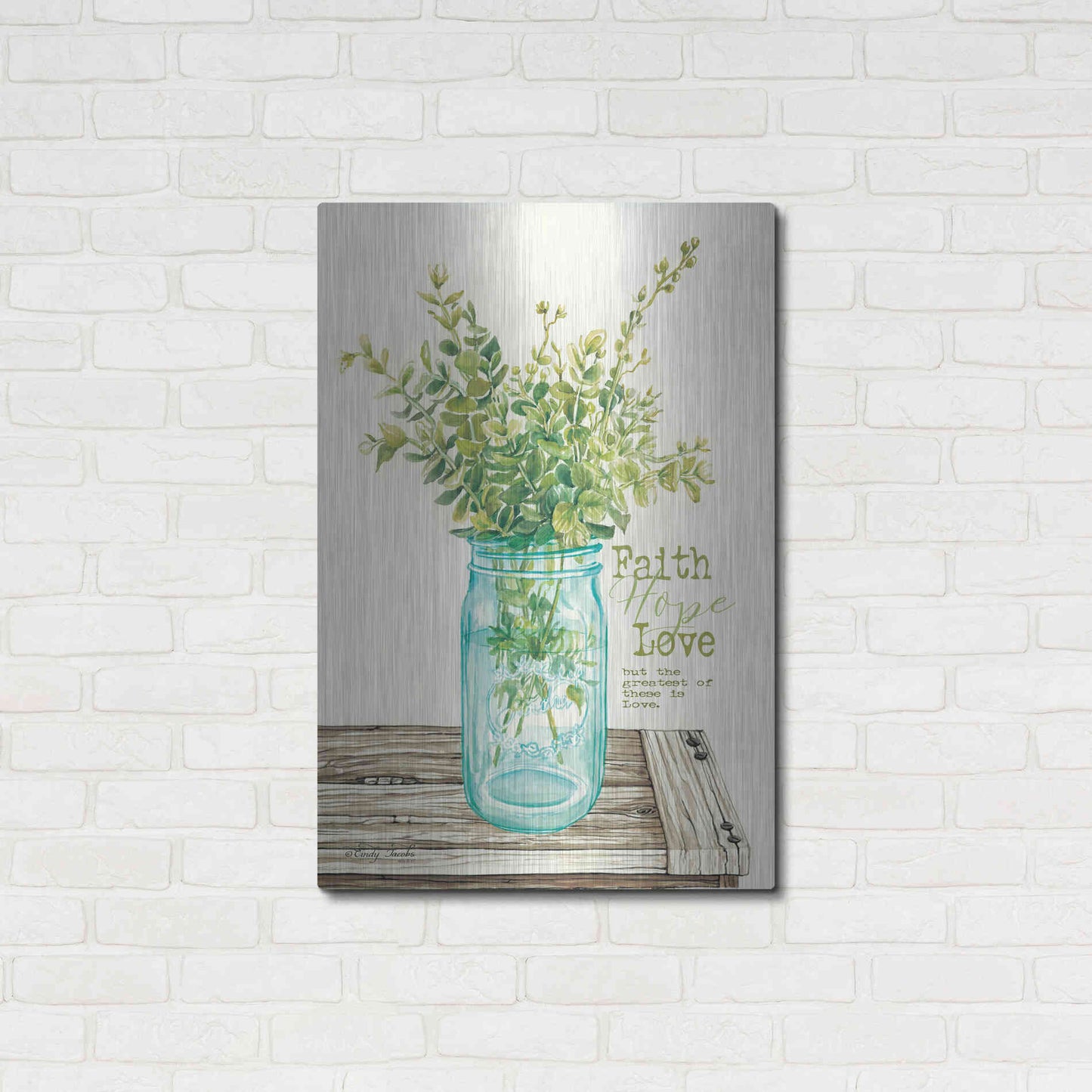 Luxe Metal Art 'Faith, Hope, Love and Eucalyptus' by Cindy Jacobs, Metal Wall Art,24x36