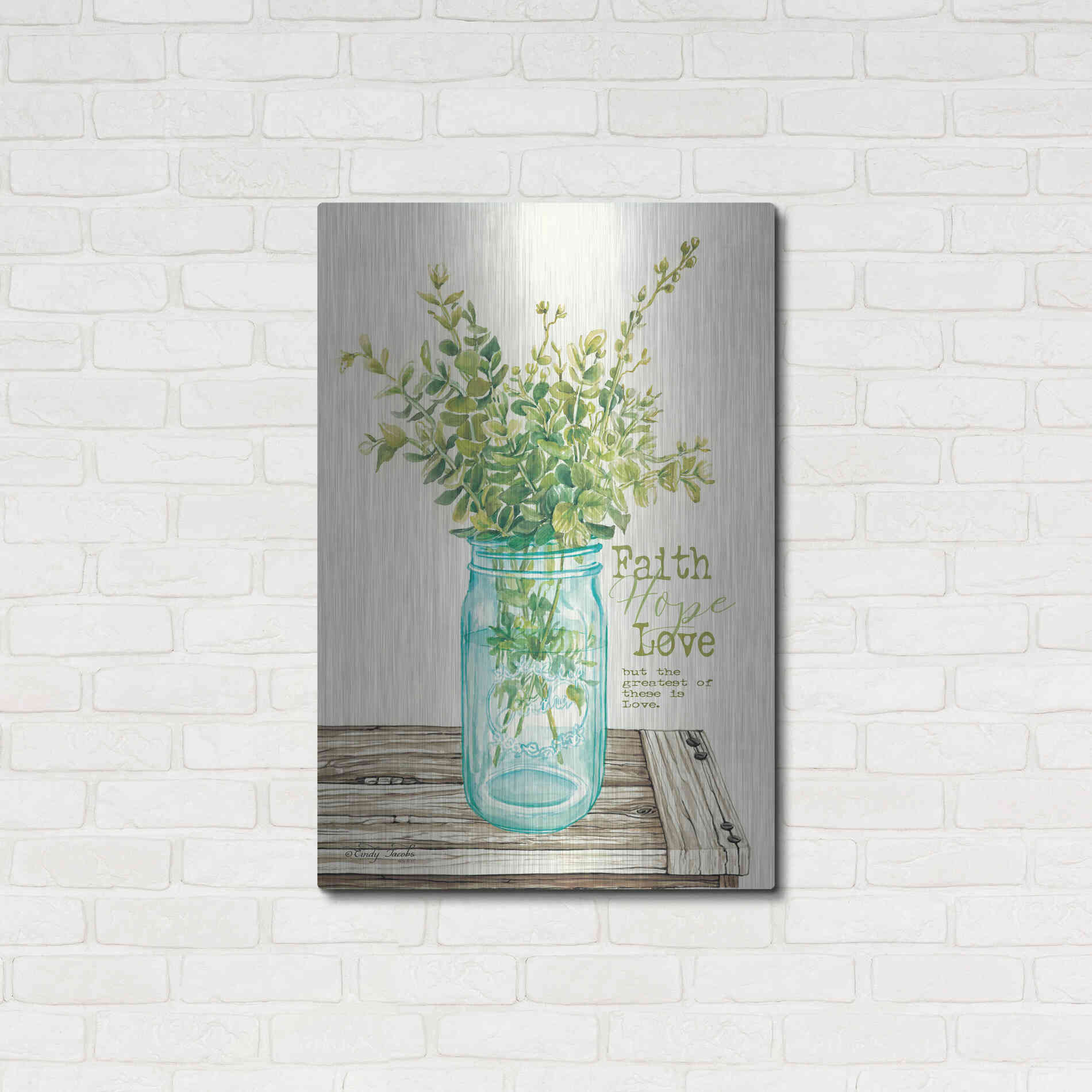 Luxe Metal Art 'Faith, Hope, Love and Eucalyptus' by Cindy Jacobs, Metal Wall Art,24x36