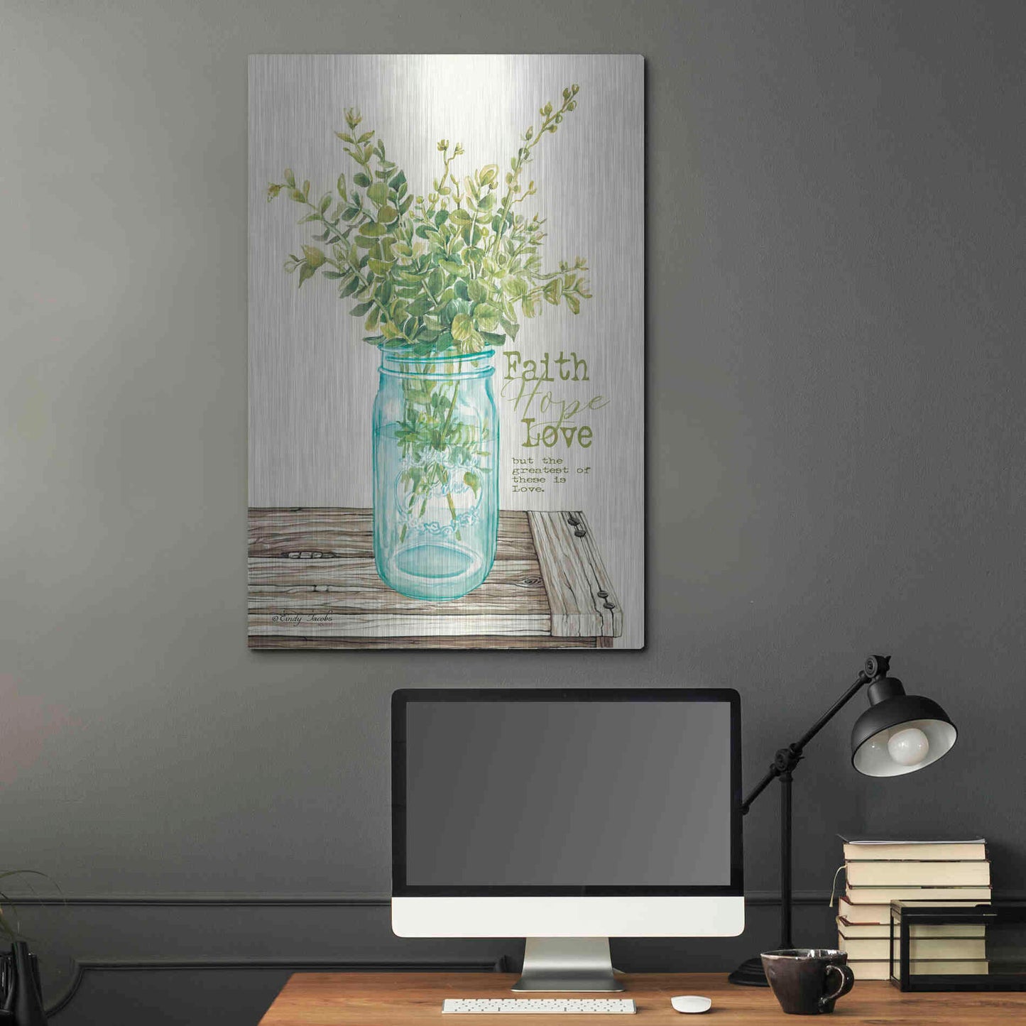 Luxe Metal Art 'Faith, Hope, Love and Eucalyptus' by Cindy Jacobs, Metal Wall Art,24x36