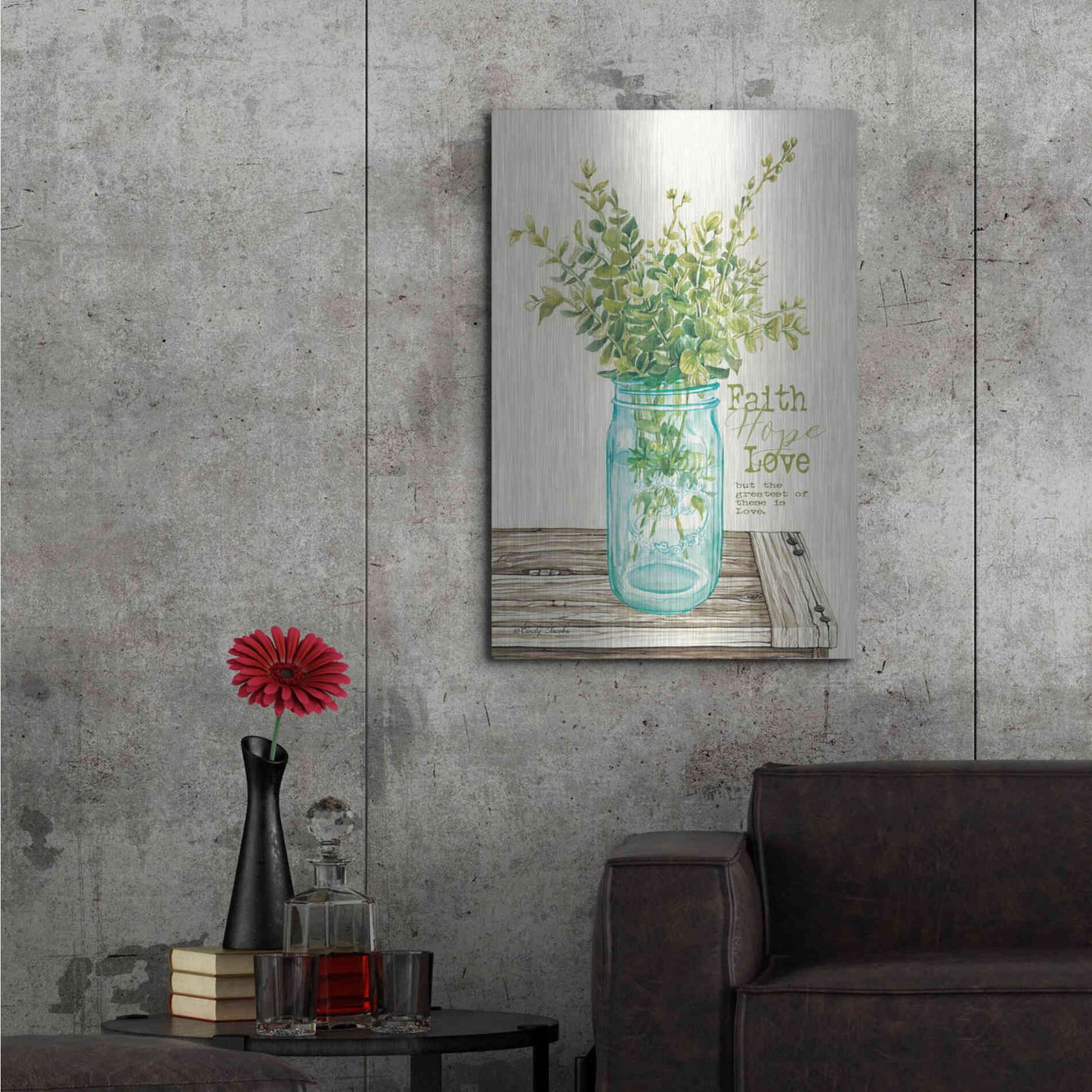 Luxe Metal Art 'Faith, Hope, Love and Eucalyptus' by Cindy Jacobs, Metal Wall Art,24x36