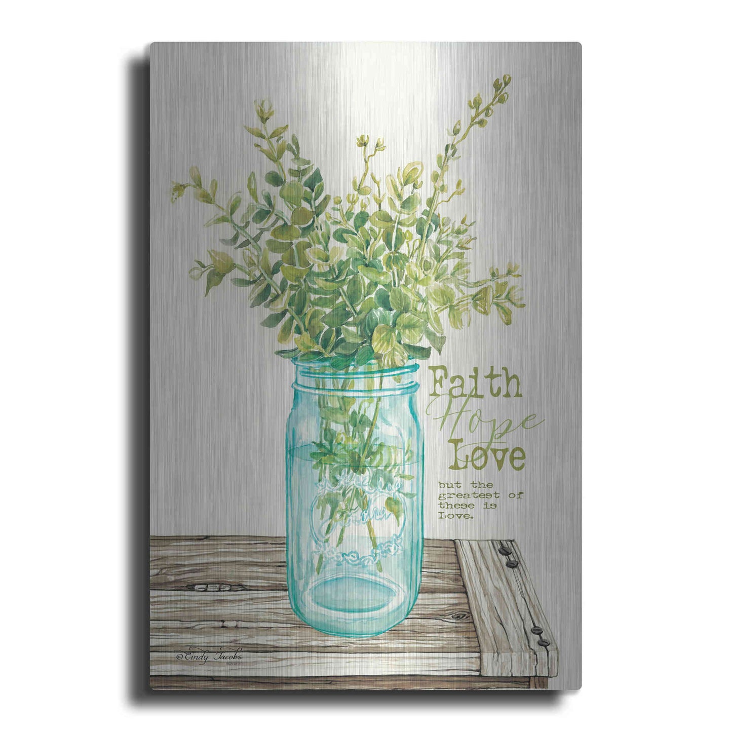 Luxe Metal Art 'Faith, Hope, Love and Eucalyptus' by Cindy Jacobs, Metal Wall Art