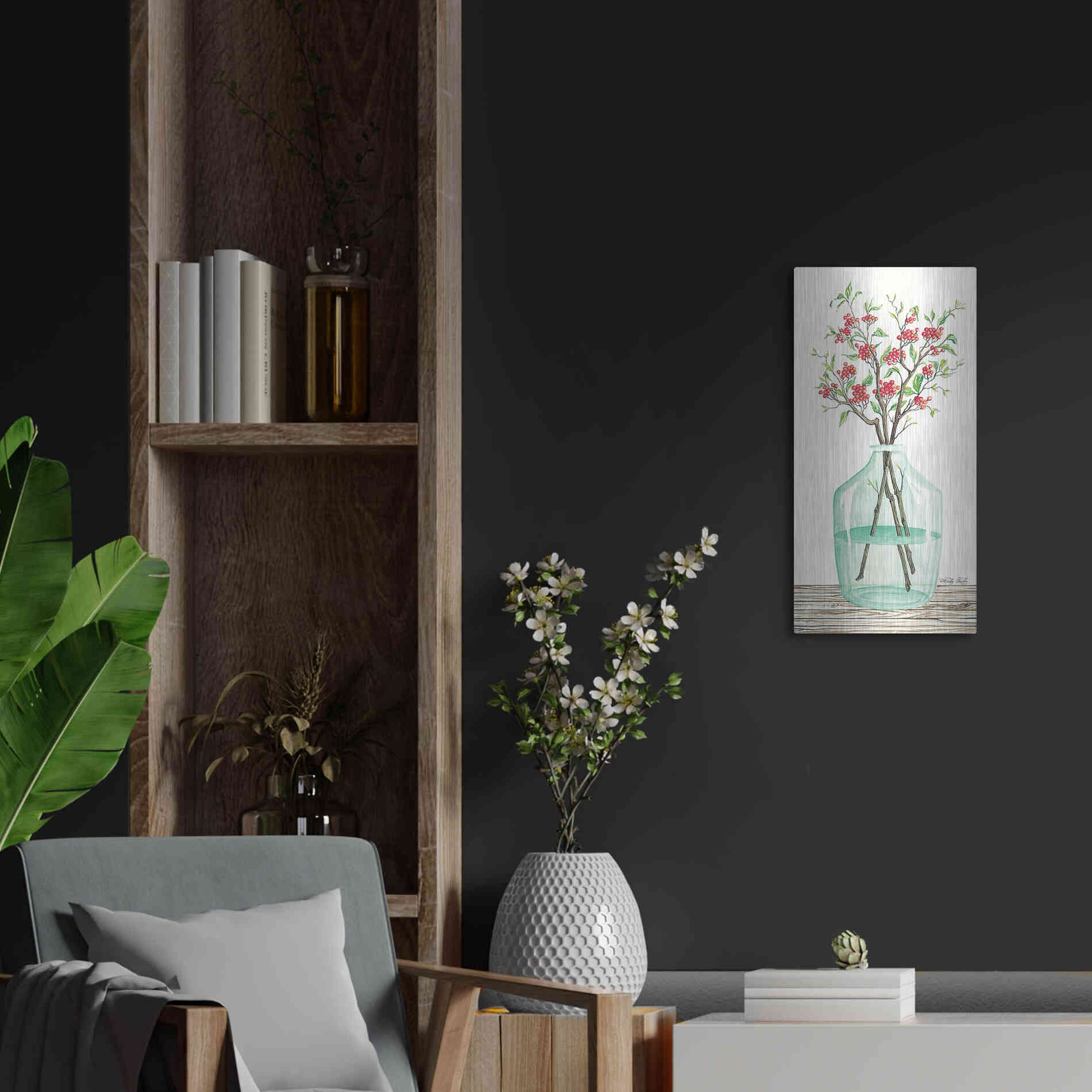 Luxe Metal Art 'Winter Blooms' by Cindy Jacobs, Metal Wall Art,12x24