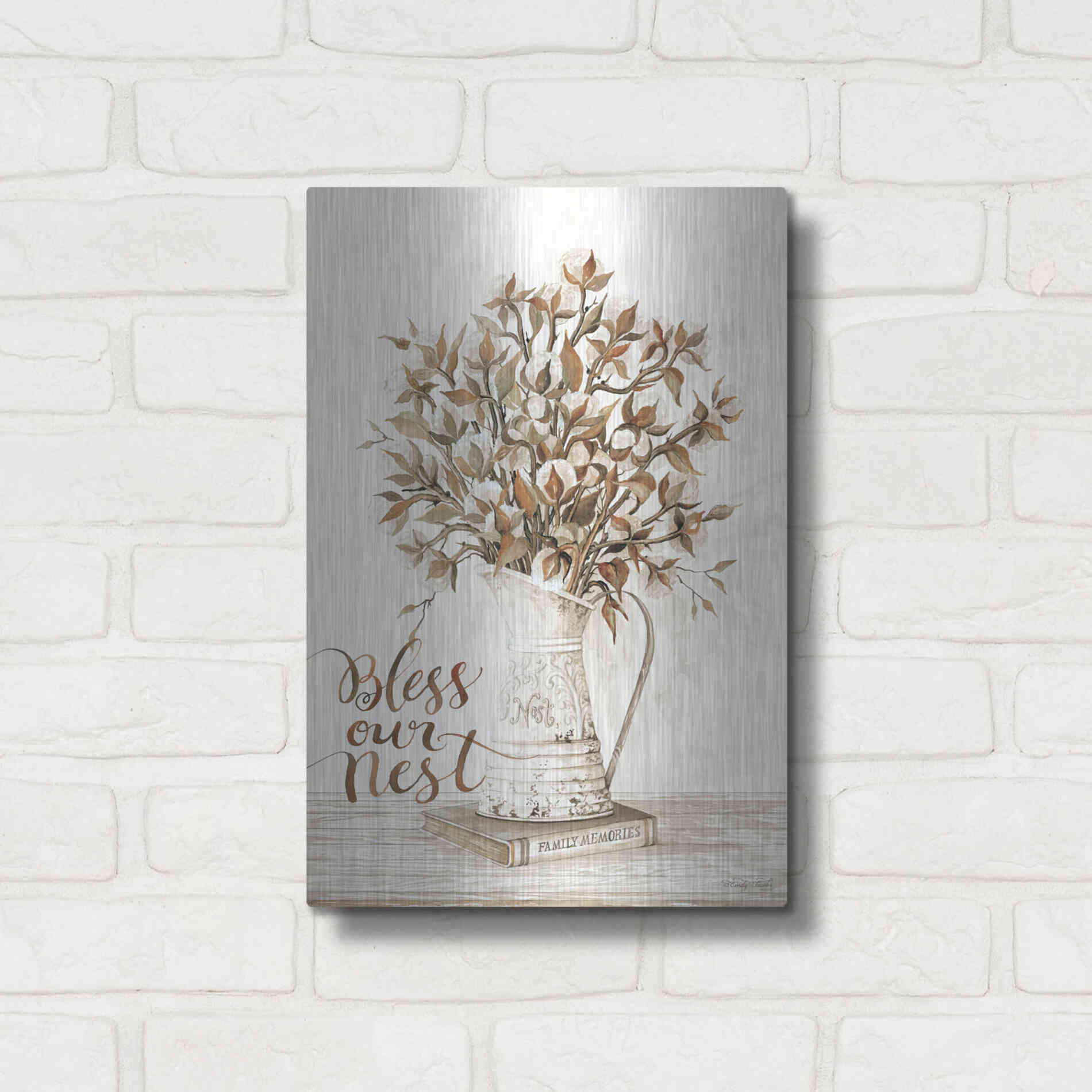 Luxe Metal Art 'Bless Our Nest Cotton Bouquet' by Cindy Jacobs, Metal Wall Art,12x16