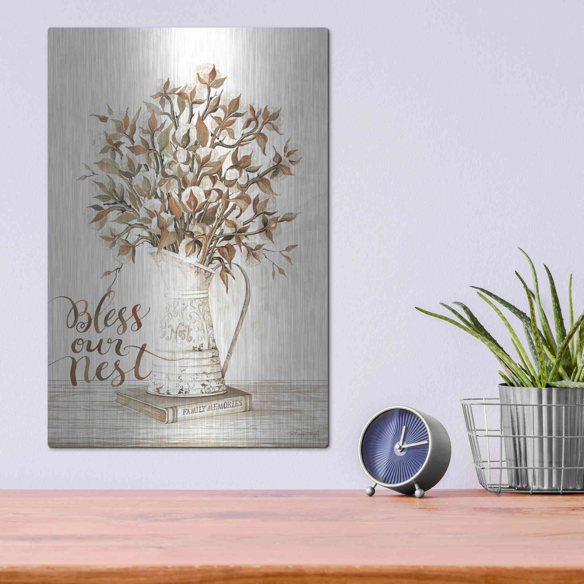 Luxe Metal Art 'Bless Our Nest Cotton Bouquet' by Cindy Jacobs, Metal Wall Art,12x16