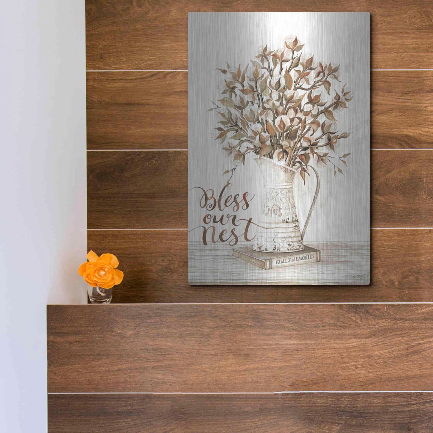 Luxe Metal Art 'Bless Our Nest Cotton Bouquet' by Cindy Jacobs, Metal Wall Art,12x16