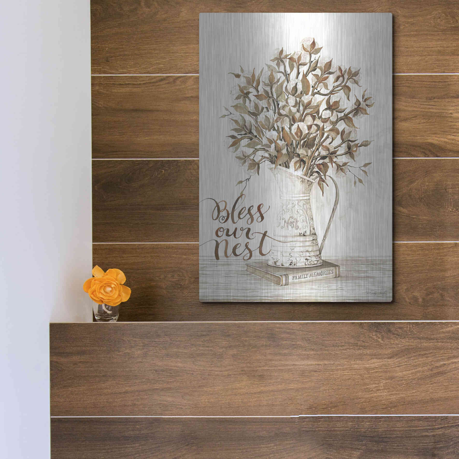 Luxe Metal Art 'Bless Our Nest Cotton Bouquet' by Cindy Jacobs, Metal Wall Art,12x16