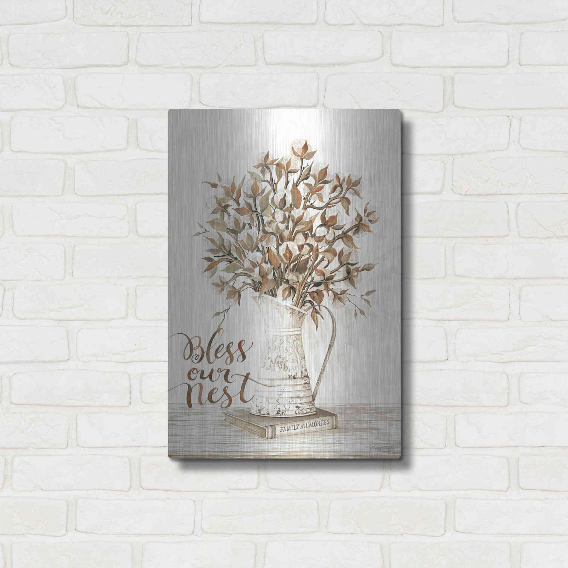 Luxe Metal Art 'Bless Our Nest Cotton Bouquet' by Cindy Jacobs, Metal Wall Art,16x24