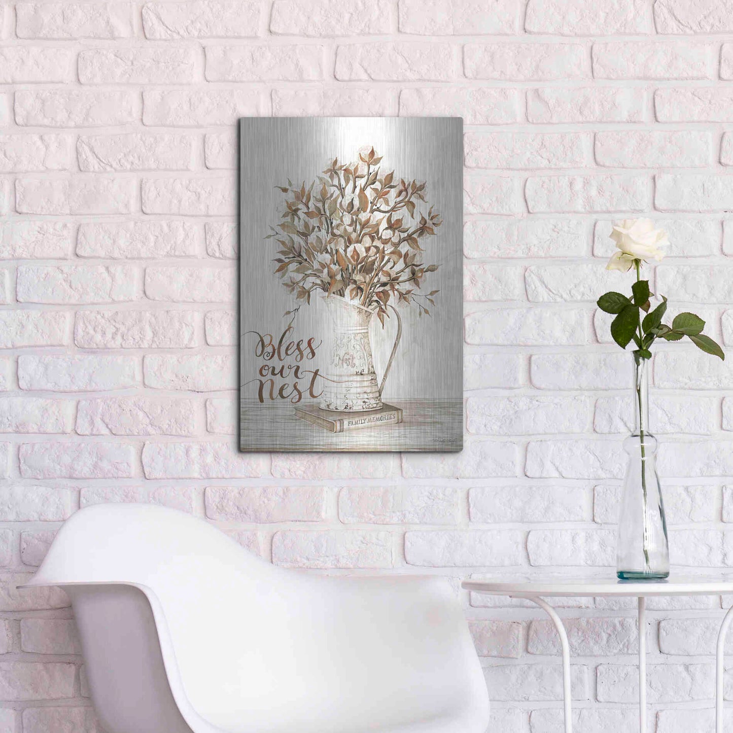 Luxe Metal Art 'Bless Our Nest Cotton Bouquet' by Cindy Jacobs, Metal Wall Art,16x24